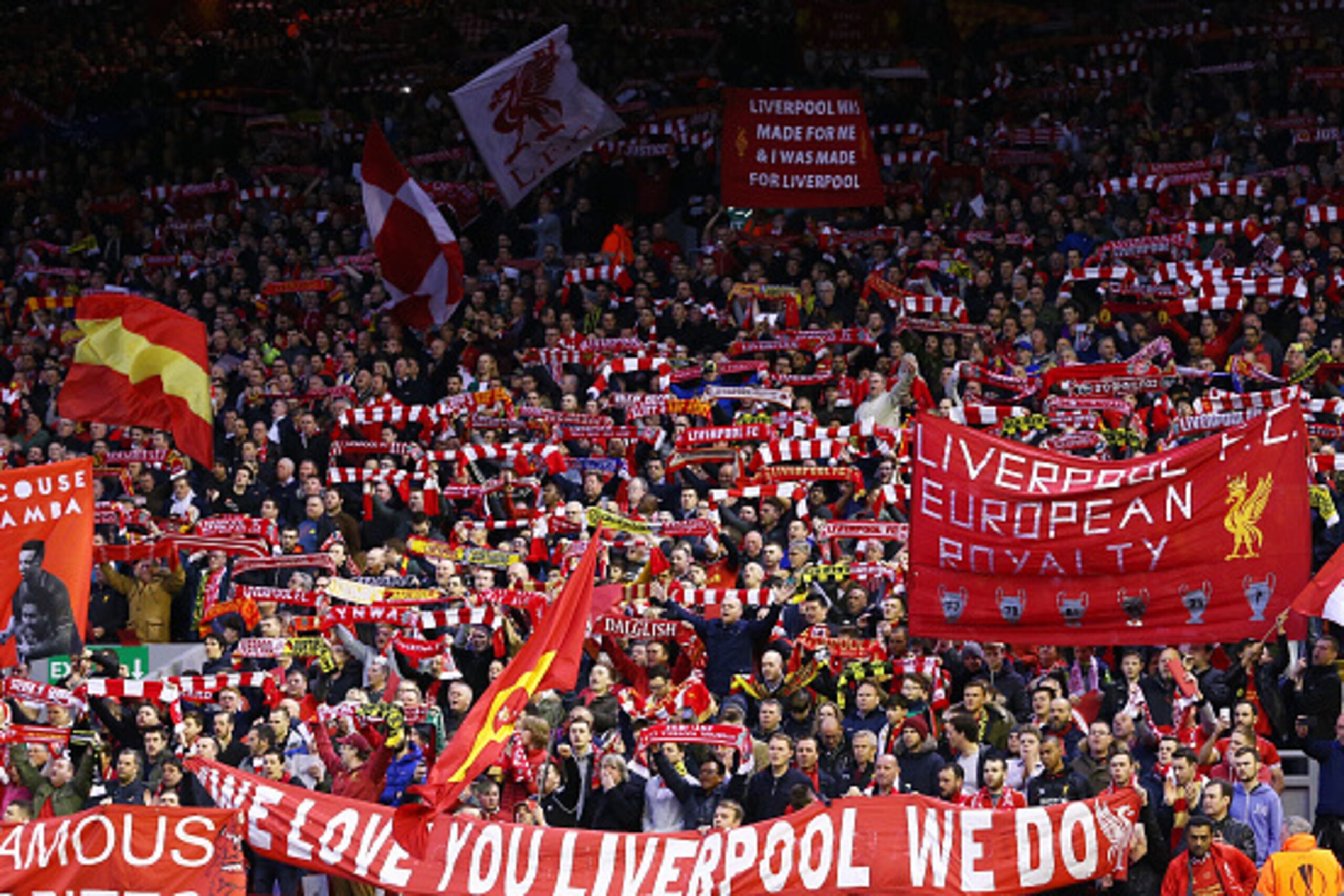 LIVERPOOL, ENGLAND - APRIL 14: Liverpool fans cheer on their team during the UEFA Europa League quarter final, second leg match between Liverpool and Borussia Dortmund at Anfield on April 14, 2016 in Liverpool, United Kingdom. (Photo by Clive Brunskill/Ge