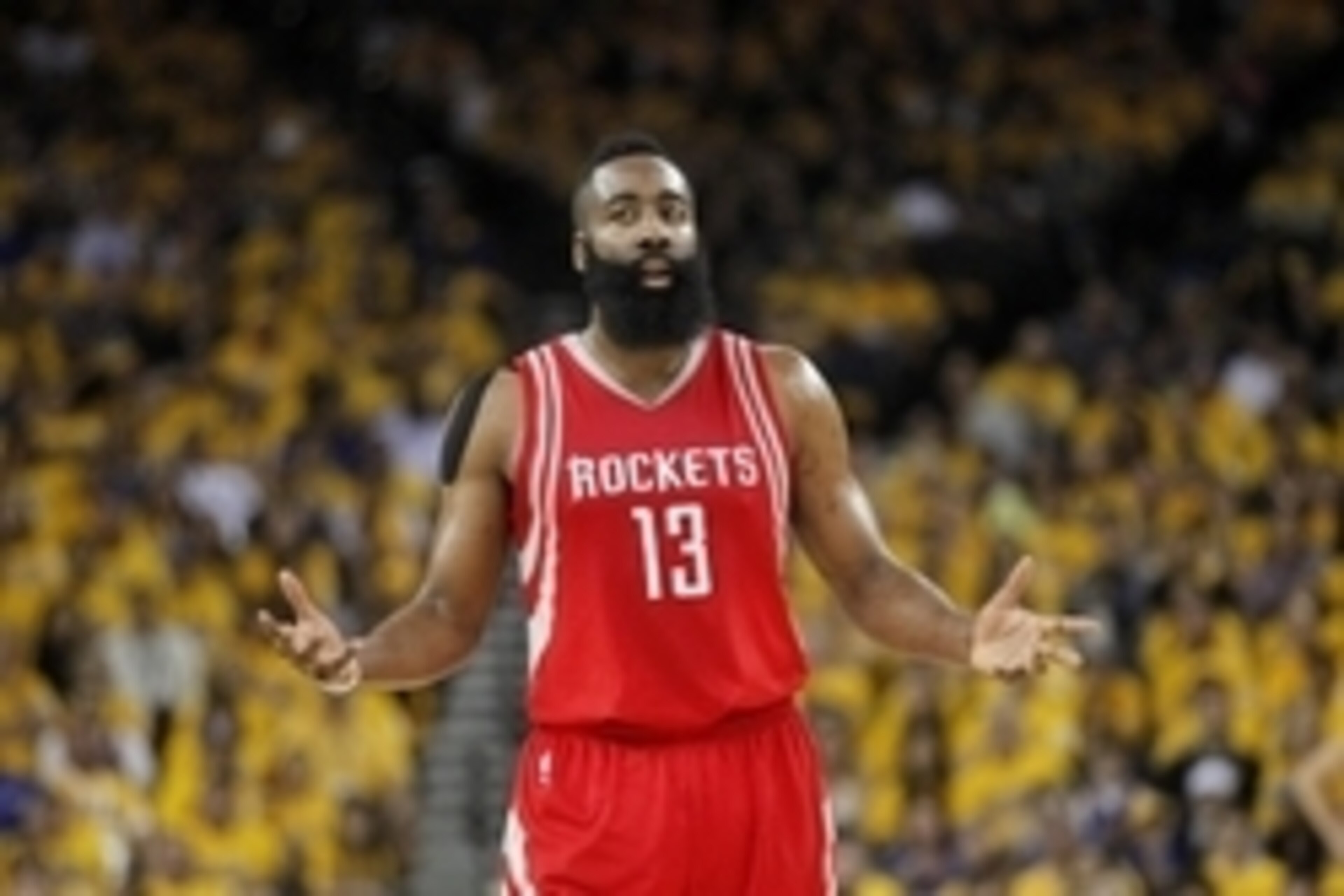 Apr 18, 2016; Oakland, CA, USA; Houston Rockets guard James Harden (13) reacts after the Rockets made a three point basket against the Golden State Warriors in the first quarter in game two of the first round of the NBA Playoffs at Oracle Arena. Mandatory