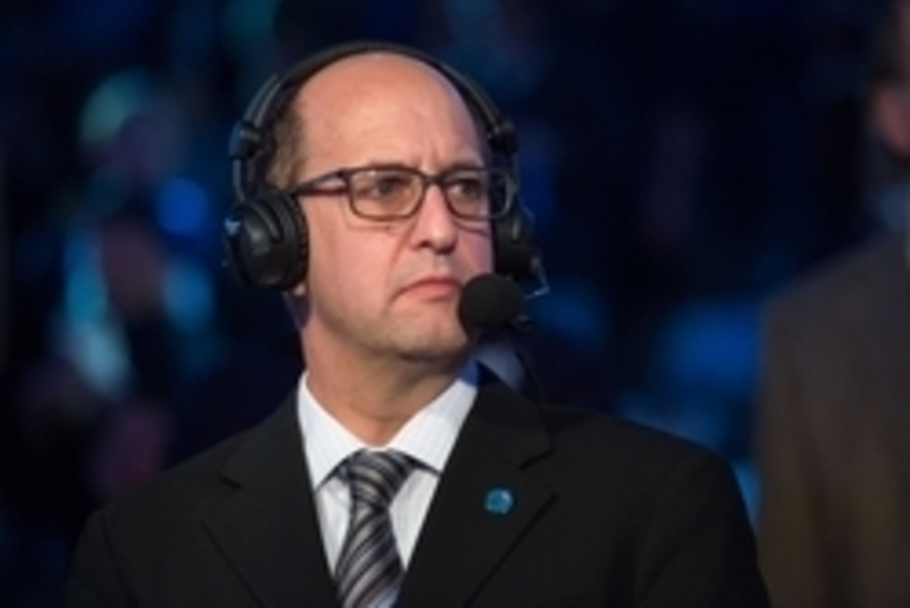 Feb 5, 2016; Dallas, TX, USA; ESPN NBA analyst Jeff Van Gundy watches the game between the Dallas Mavericks and the San Antonio Spurs at the American Airlines Center. The Spurs defeat the Mavericks 116-90. Mandatory Credit: Jerome Miron-USA TODAY Sports