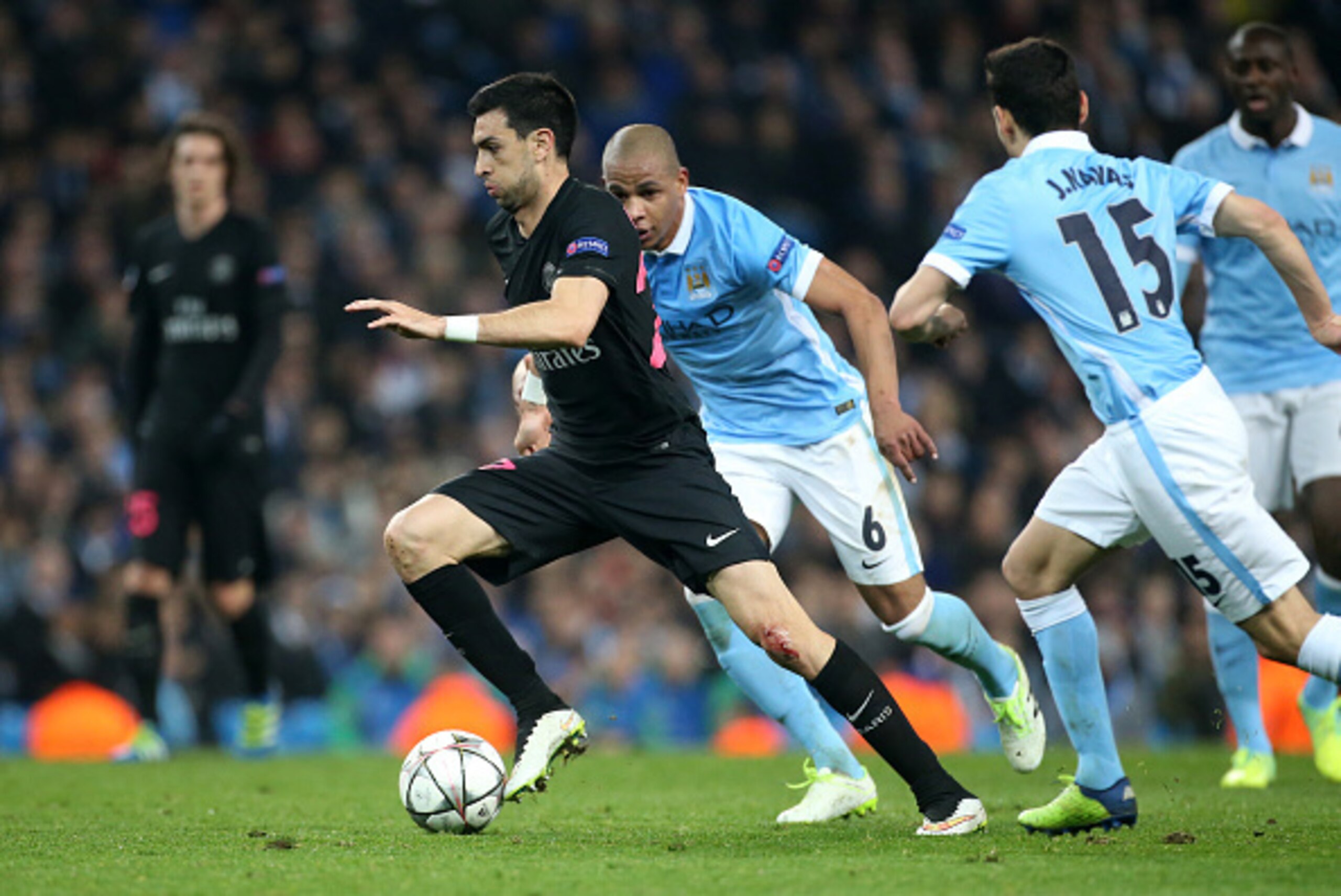 MANCHESTER, ENGLAND - APRIL 12: Javier Pastore of PSG in action during the UEFA Champions League quarter final second leg match between Manchester City and Paris Saint-Germain (PSG) at Etihad Stadium on April 12, 2016 in Manchester, United Kingdom. (Photo