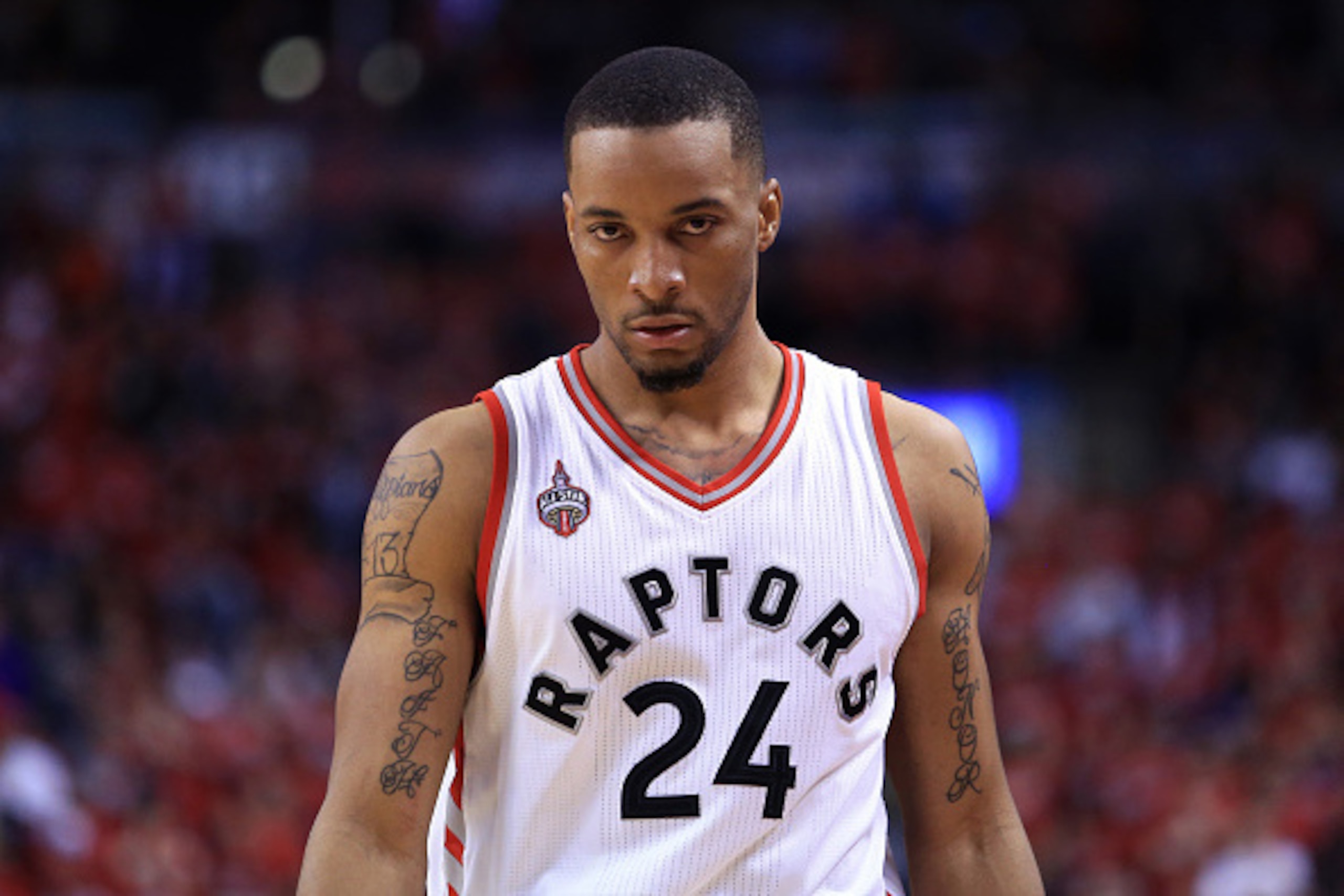 TORONTO, ON - MAY 01:  Norman Powell #24 of the Toronto Raptors looks on in the first half of Game Seven of the Eastern Conference Quarterfinals against the Indiana Pacers during the 2016 NBA Playoffs at the Air Canada Centre on May 01, 2016 in Toronto, O