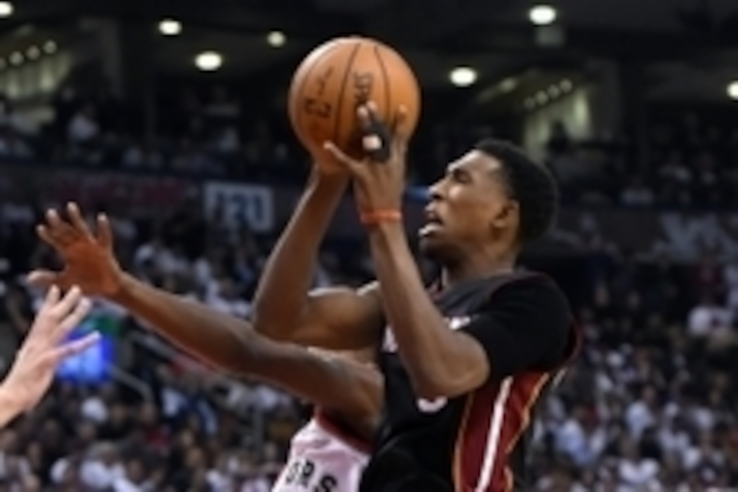 May 3, 2016; Toronto, Ontario, CAN;   Miami Heat guard Josh Richardson (0) goes up for a basket against Toronto Raptors in game one of the second round of the NBA Playoffs at Air Canada Centre. Mandatory Credit: Dan Hamilton-USA TODAY Sports