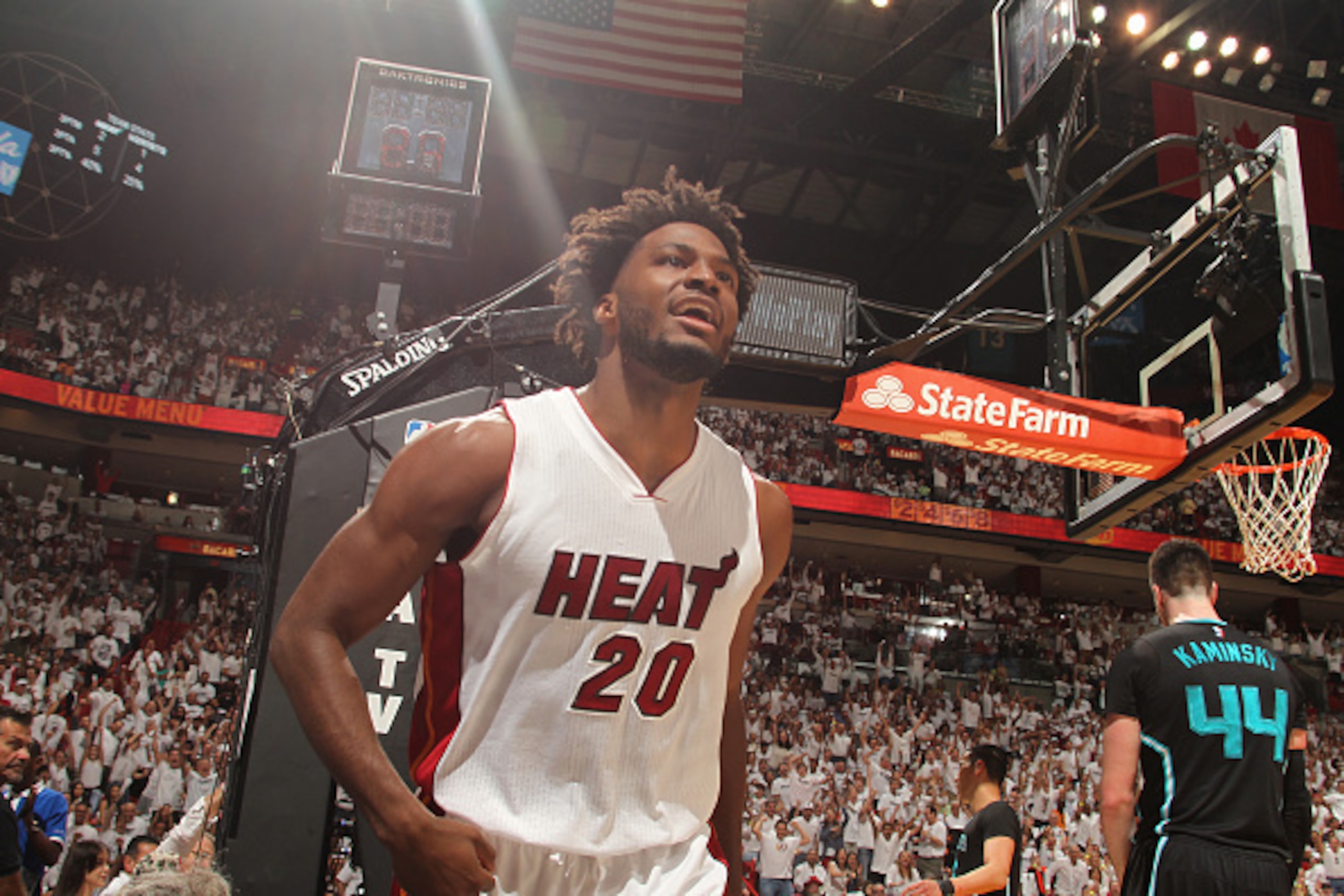 MIAMI, FL - MAY 1:  Justise Winslow #20 of the Miami Heat celebrates during the game against the Charlotte Hornets in Game Seven of the Eastern Conference Quarterfinals during the 2016 NBA Playoffs on May 1, 2016 at American Airlines Arena in Miami, Flori