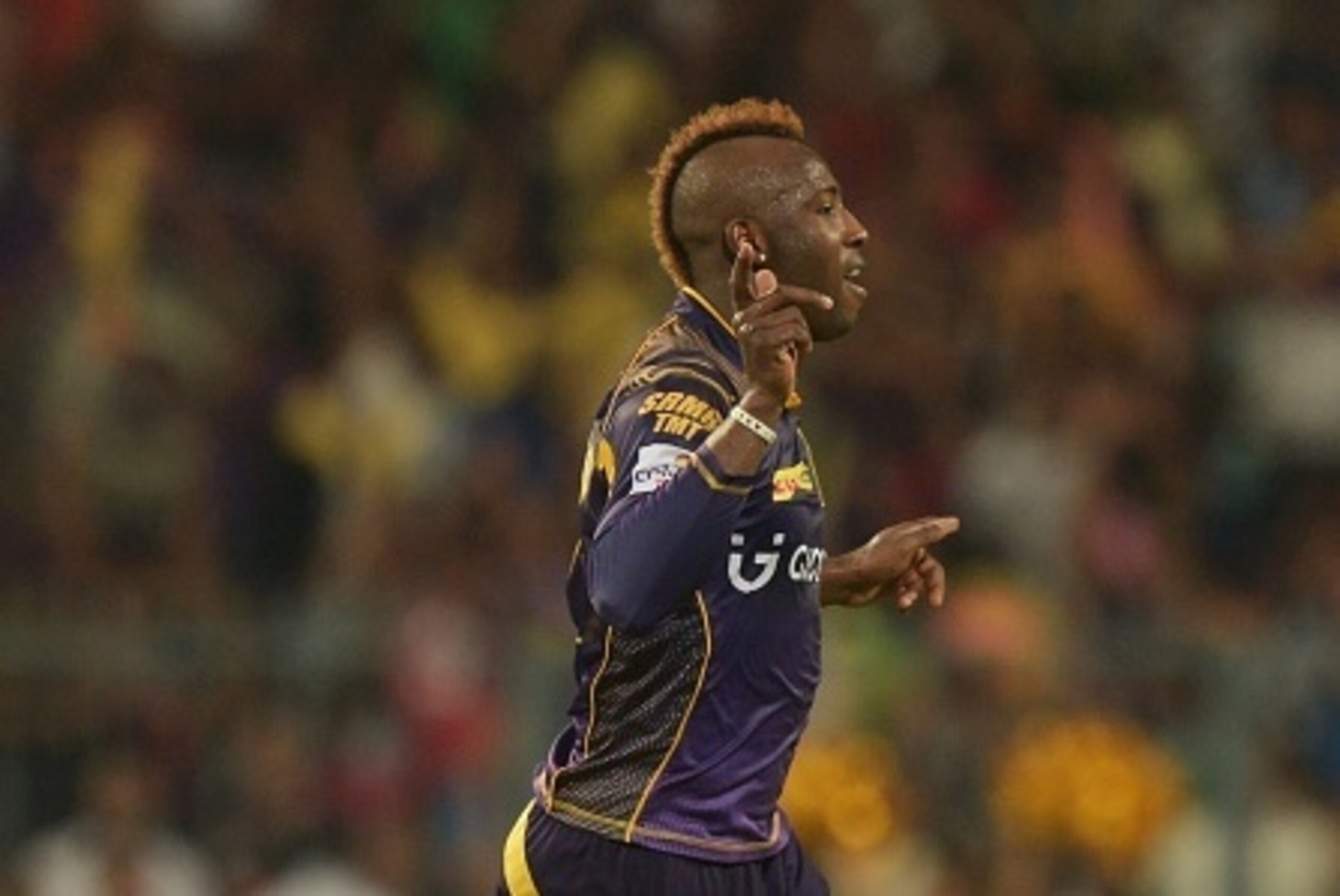 Kolkata Knight Riders Andre Russell celebrates after the dismissal of Kings XI Punjab Marcus Stoinis during the 2016 Indian Premier League (IPL) Twenty20 cricket match between Kolkata Knight Riders and Kings XI Punjab at the Eden Gardens Cricket Stadium i
