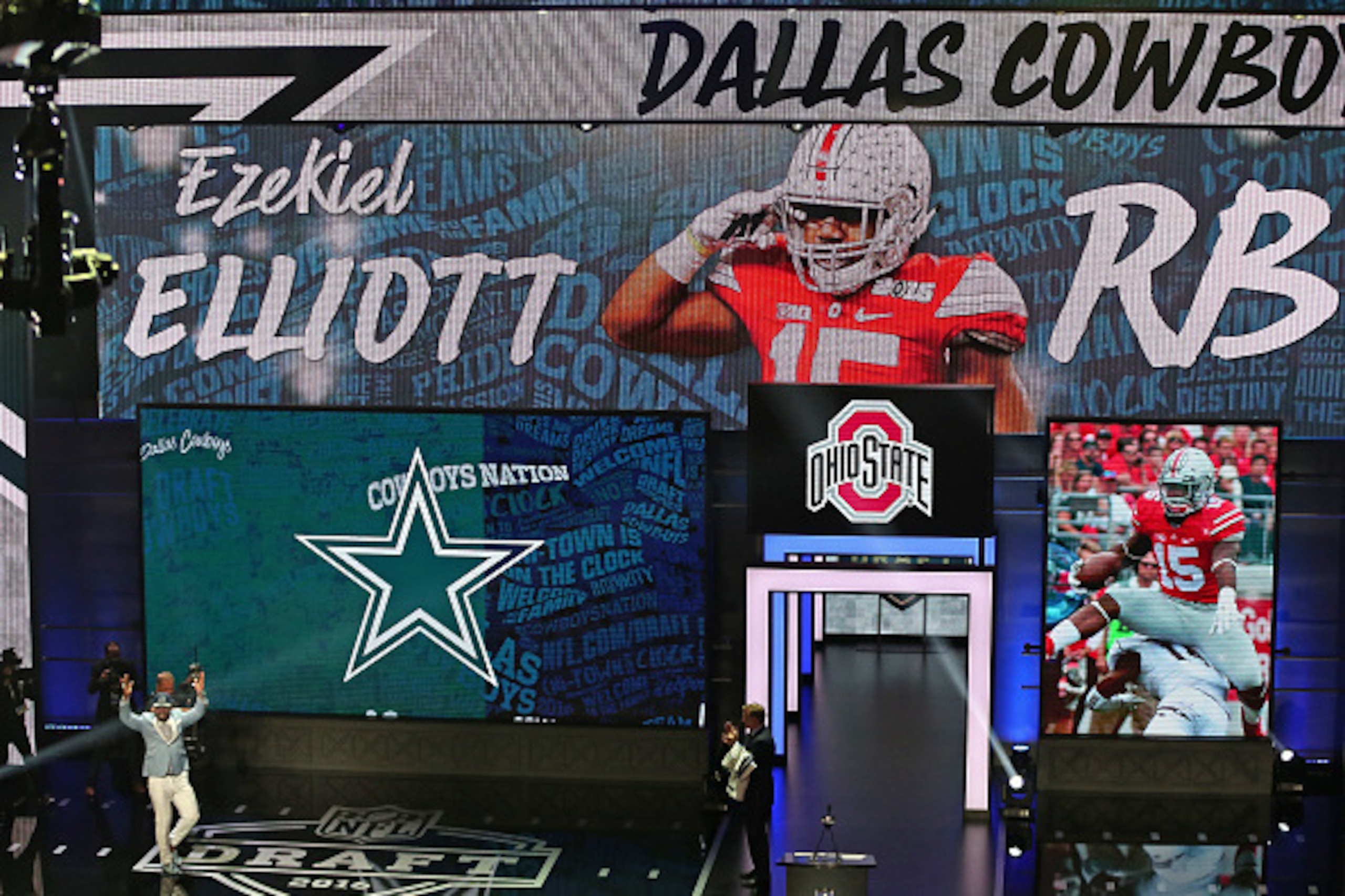 CHICAGO, IL - APRIL 28: Ezekiel Elliott walks on the stage after being drafted by the Dallas Cowboys during the 2016 NFL Draft at the Auditorium Theater on April 28, 2016 in Chicago, Illinois. (Photo by Jonathan Daniel/Getty Images) CHICAGO, IL - APRIL 28: Ezekiel Elliott walks on the stage after being drafted by the Dallas Cowboys during the 2016 NFL Draft at the Auditorium Theater on April 28, 2016 in Chicago, Illinois. (Photo by Jonathan Daniel/Getty Images)