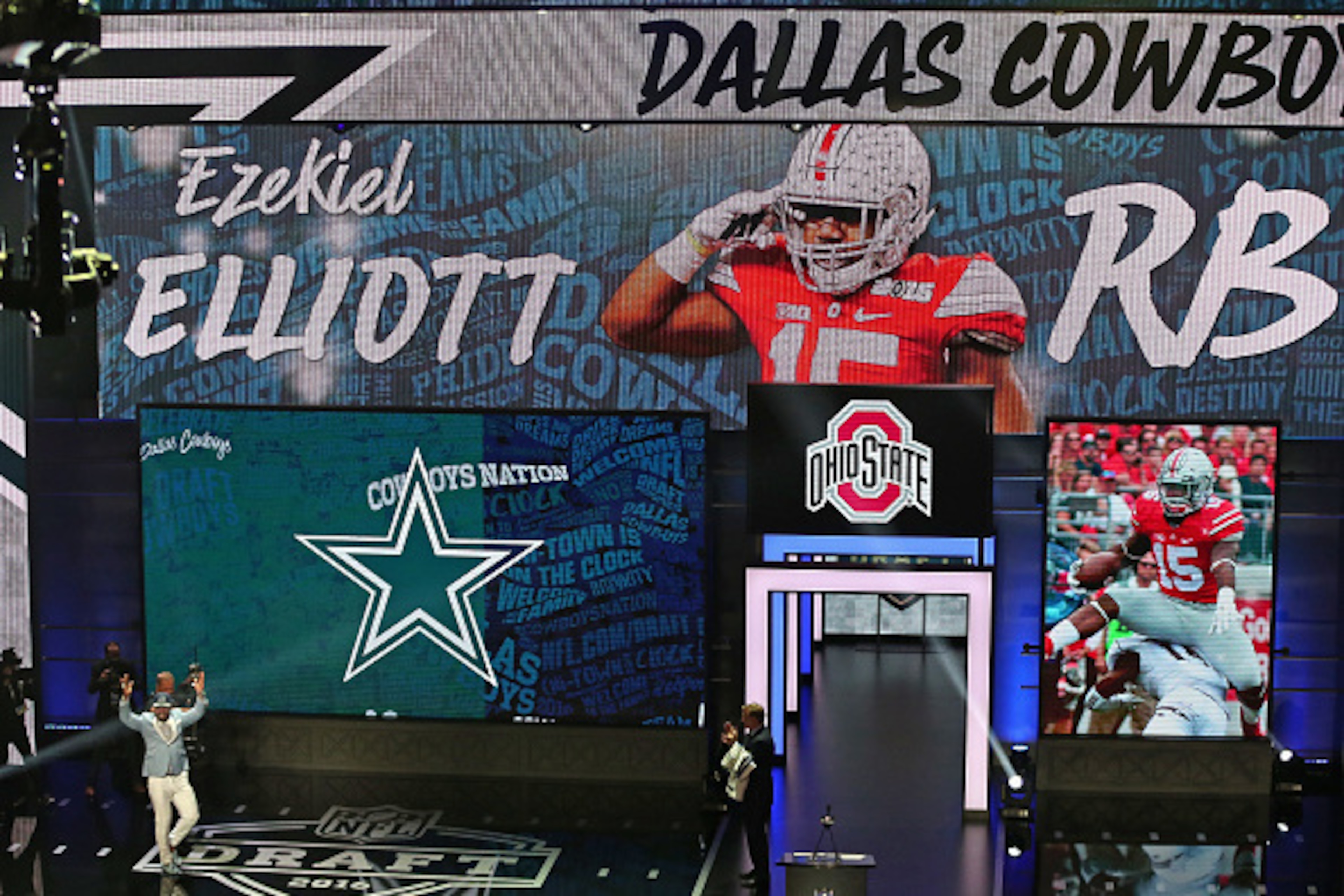 CHICAGO, IL - APRIL 28: Ezekiel Elliott walks on the stage after being drafted by the Dallas Cowboys during the 2016 NFL Draft at the Auditorium Theater on April 28, 2016 in Chicago, Illinois. (Photo by Jonathan Daniel/Getty Images) CHICAGO, IL - APRIL 28: Ezekiel Elliott walks on the stage after being drafted by the Dallas Cowboys during the 2016 NFL Draft at the Auditorium Theater on April 28, 2016 in Chicago, Illinois. (Photo by Jonathan Daniel/Getty Images)