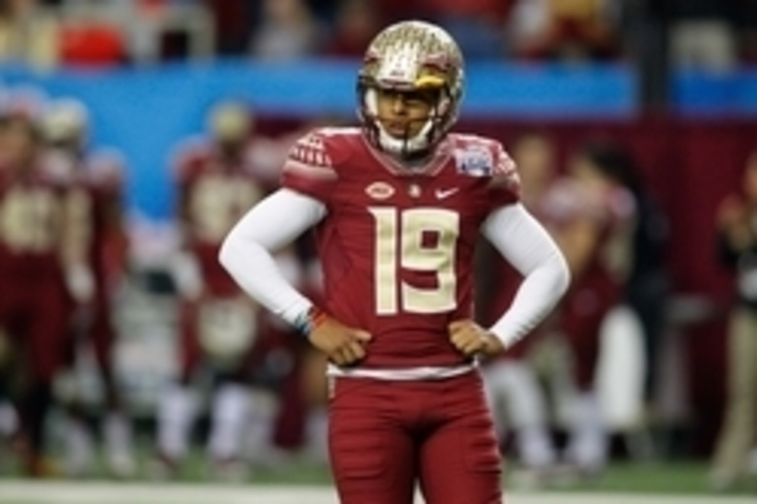 Dec 31, 2015; Atlanta, GA, USA; Florida State Seminoles place kicker Roberto Aguayo (19) in action against the Houston Cougars in the fourth quarter in the 2015 Chick-fil-A Peach Bowl at the Georgia Dome. Houston defeated Florida State 38-24. Mandatory Cr Dec 31, 2015; Atlanta, GA, USA; Florida State Seminoles place kicker Roberto Aguayo (19) in action against the Houston Cougars in the fourth quarter in the 2015 Chick-fil-A Peach Bowl at the Georgia Dome. Houston defeated Florida State 38-24. Mandatory Cr