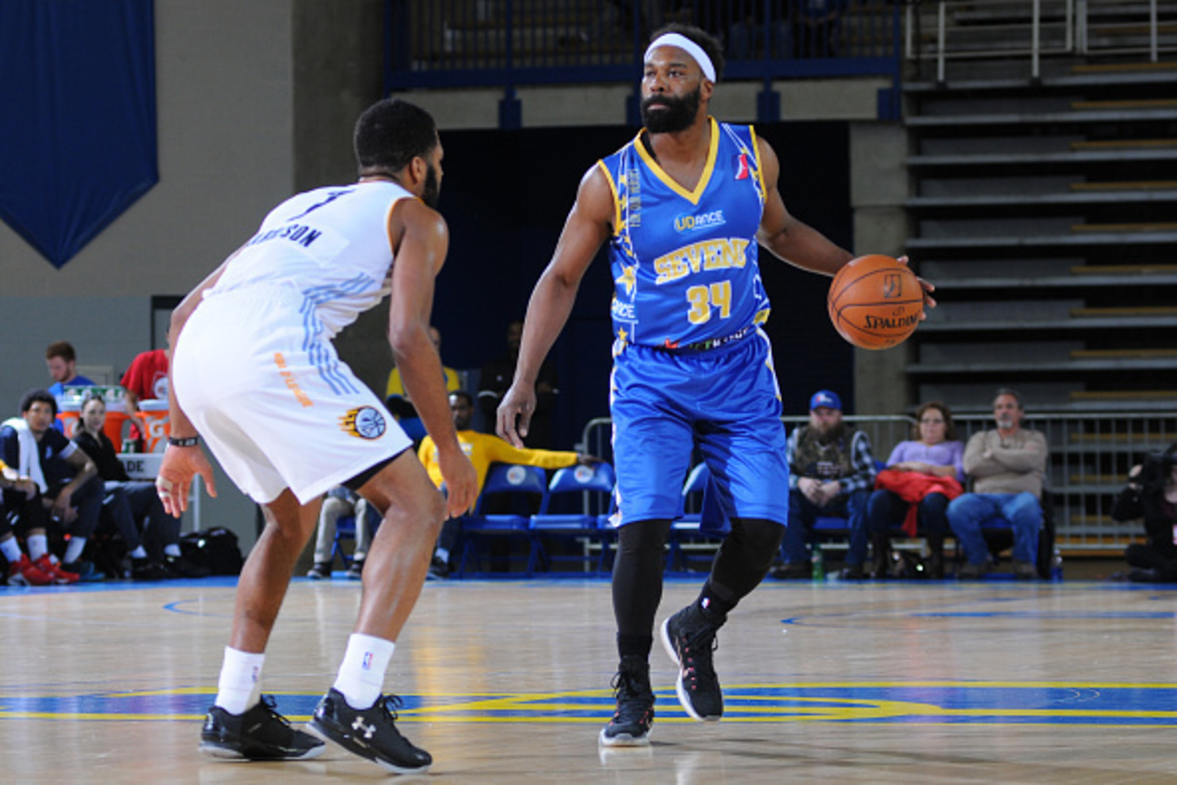NEWARK, DE - MARCH 4: Baron Davis #34 of the Delaware 87ers handles the ball against the Iowa Energy on March 4, 2016 at the Bob Carpenter Center in Newark, Delaware. NOTE TO USER: User expressly acknowledges and agrees that, by downloading and/or using t