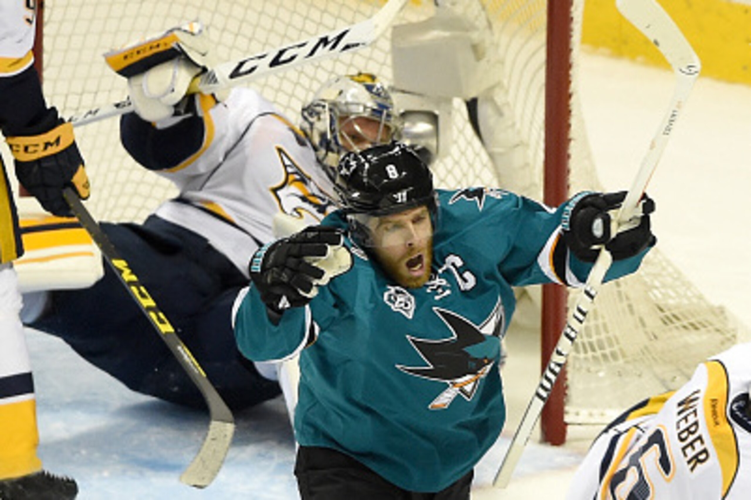 SAN JOSE, CA - MAY 01:  Joe Pavelski #8 of the San Jose Sharks celebrates after scoring a goal against the Nashville Predators in Game Two of the Western Conference Second Round during the 2016 NHL Stanley Cup Playoffs.  The Sharks won the game 3-2. at SA