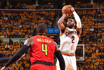 CLEVELAND,OH - MAY 4 :  Kyrie Irving #2 of the Cleveland Cavaliers shoots the ball against the Atlanta Hawks during the Eastern Conference Semifinals Game One on May 4, 2016 at The Quicken Loans Arena in Cleveland, Ohio. NOTE TO USER: User expressly ackno