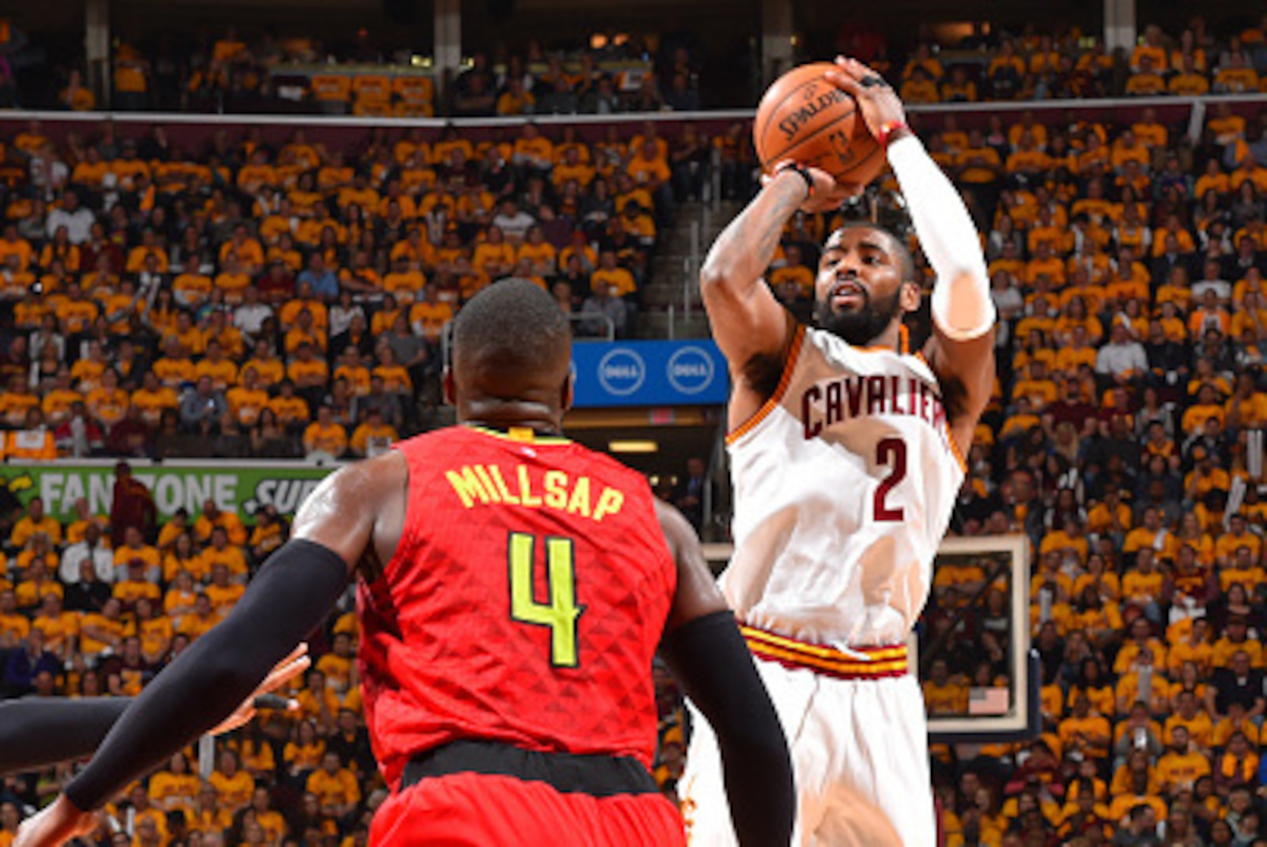 CLEVELAND,OH - MAY 4 :  Kyrie Irving #2 of the Cleveland Cavaliers shoots the ball against the Atlanta Hawks during the Eastern Conference Semifinals Game One on May 4, 2016 at The Quicken Loans Arena in Cleveland, Ohio. NOTE TO USER: User expressly ackno