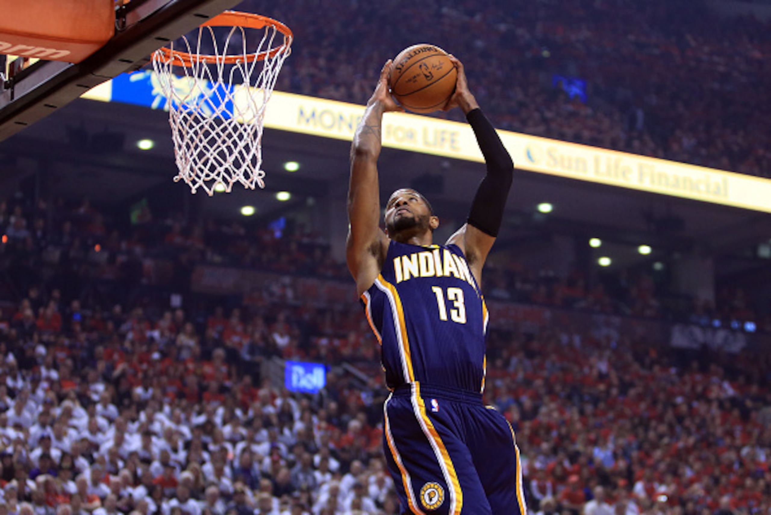 TORONTO, ON - MAY 01:  Paul George #13 of the Indiana Pacers goes up for a dunk in the first half of Game Seven of the Eastern Conference Quarterfinals against the Toronto Raptors during the 2016 NBA Playoffs at the Air Canada Centre on May 01, 2016 in To