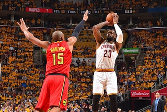 CLEVELAND,OH - MAY 4 :  LeBron James #23 of the Cleveland Cavaliers shoots the ball against the Atlanta Hawks during the Eastern Conference Semifinals Game One on May 4, 2016 at The Quicken Loans Arena in Cleveland, Ohio. NOTE TO USER: User expressly ackn