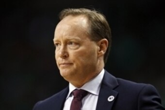 Apr 28, 2016; Boston, MA, USA; Atlanta Hawks head coach Mike Budenholzer watches during the first half in game six of the first round of the NBA Playoffs against the Boston Celtics at TD Garden. Mandatory Credit: Mark L. Baer-USA TODAY Sports