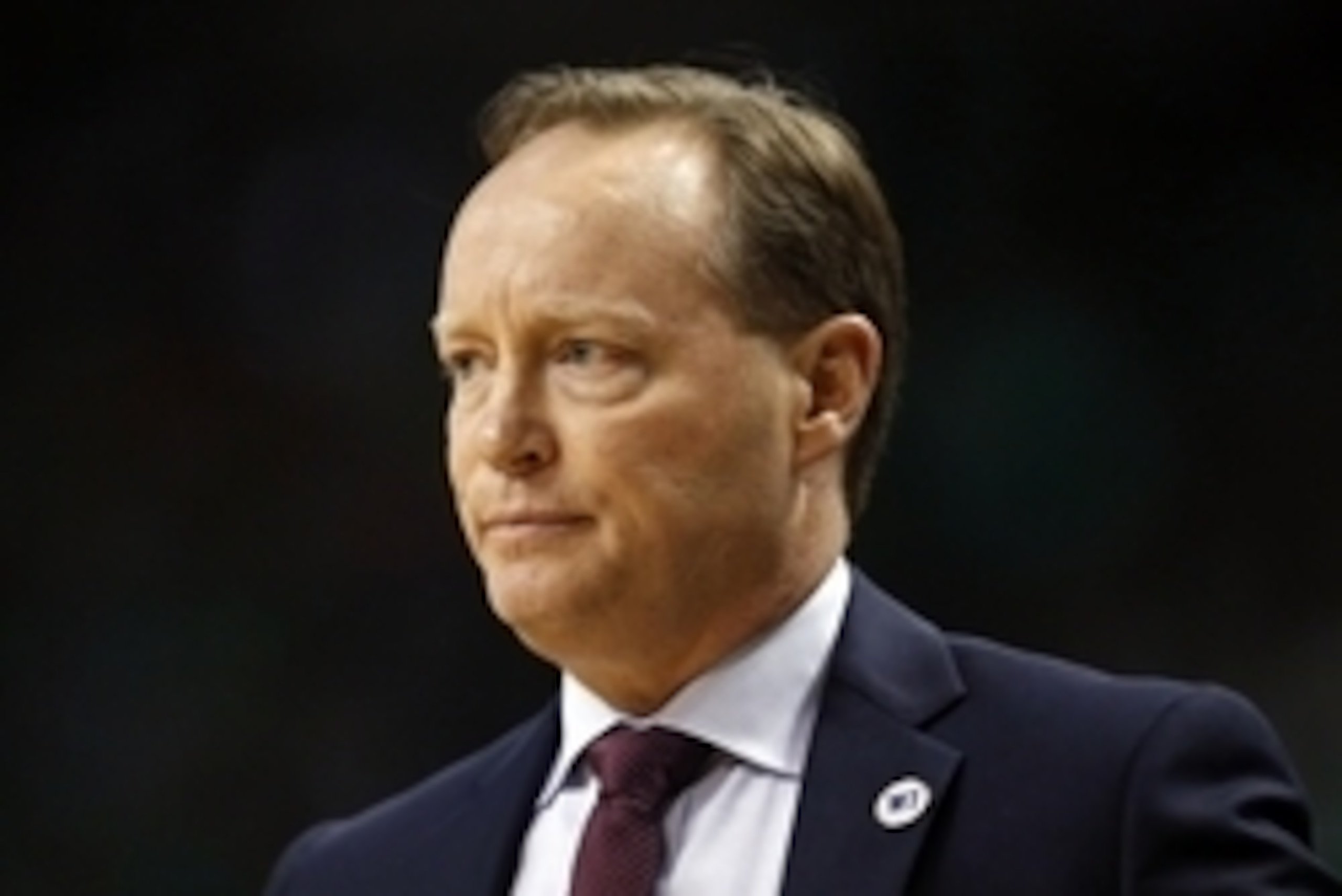 Apr 28, 2016; Boston, MA, USA; Atlanta Hawks head coach Mike Budenholzer watches during the first half in game six of the first round of the NBA Playoffs against the Boston Celtics at TD Garden. Mandatory Credit: Mark L. Baer-USA TODAY Sports