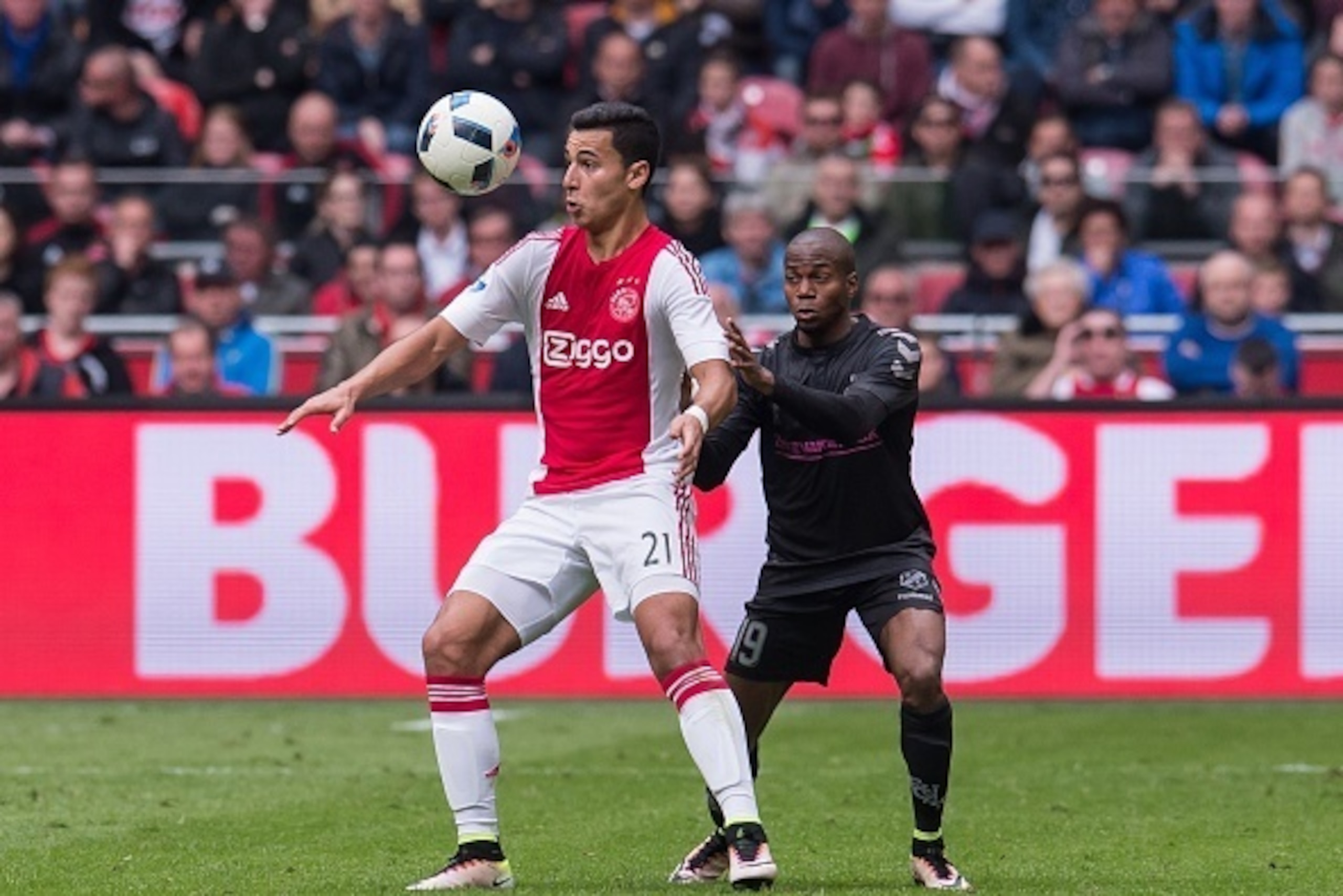 (L-R) Anwar el Ghazi of Ajax, Ruben Ligeon of FC Utrecht during the Dutch Eredivisie match between Ajax and FC Utrecht at the Amsterdam Arena on april 17, 2016 in Amsterdam, the Netherlands(Photo by VI Images via Getty Images)