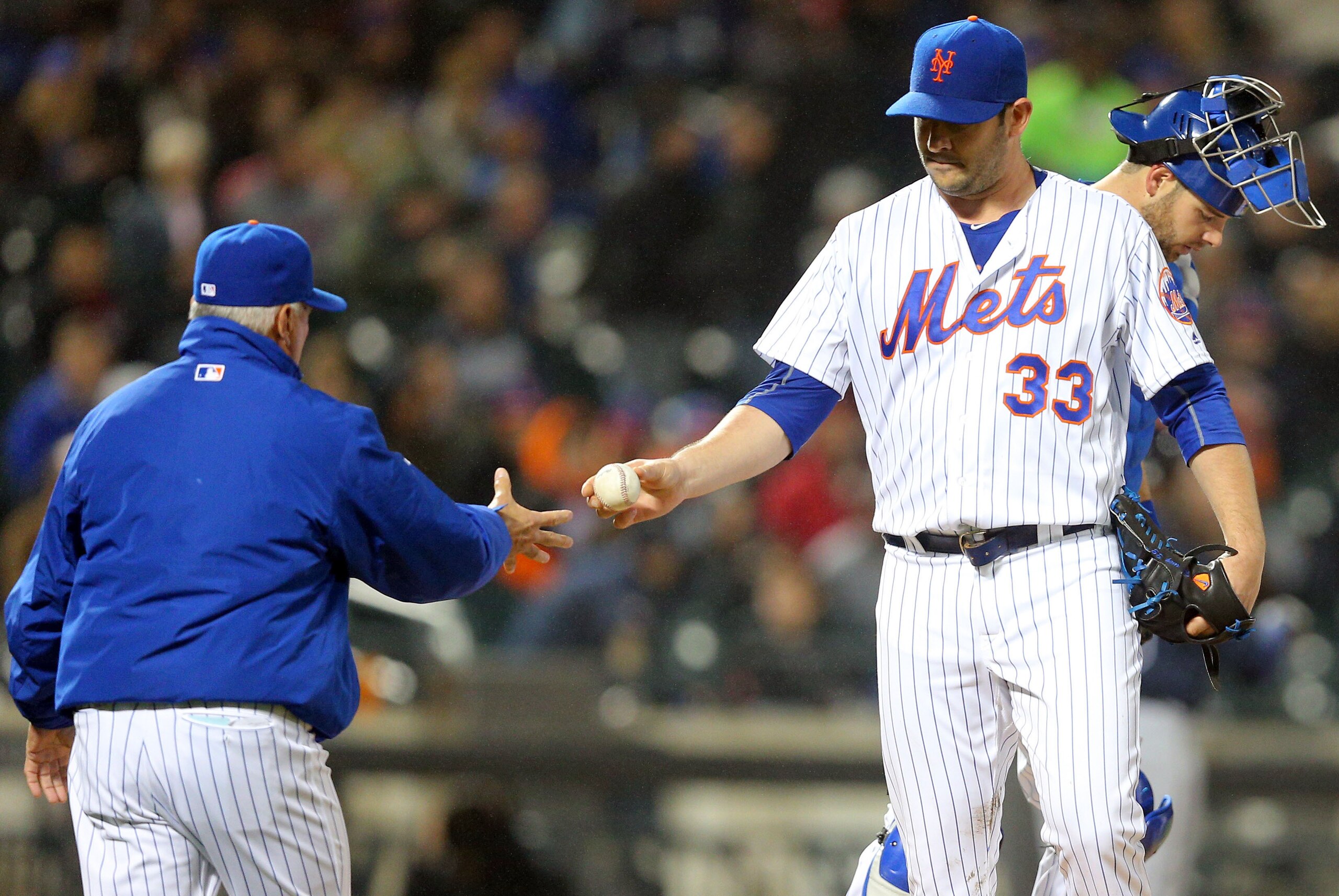 May 3, 2016; New York City, NY, USA; New York Mets manager Terry Collins (10) takes the ball from New York Mets starting pitcher Matt Harvey (33) during the sixth inning against the Atlanta Braves at Citi Field. The Braves defeated the Mets 3-0. Mandatory