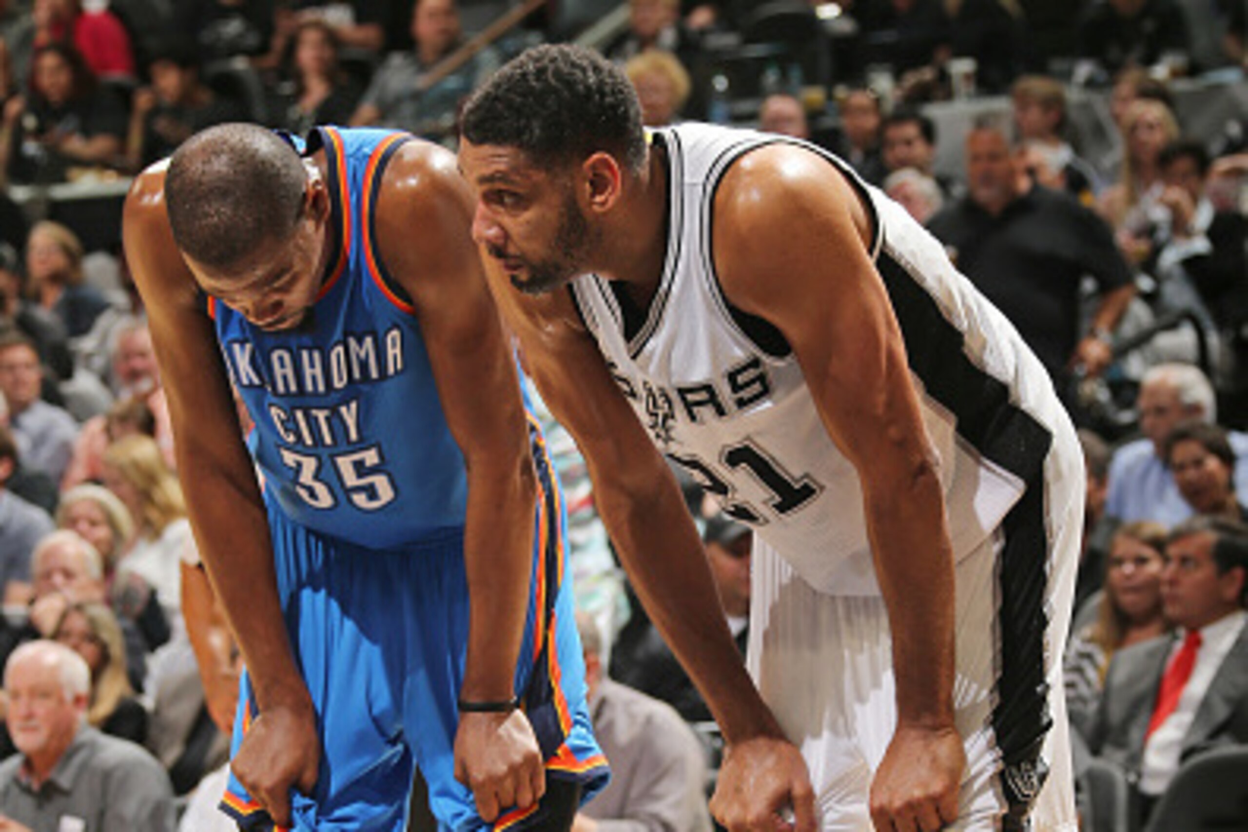 SAN ANTONIO, TX - MAY 2:  Kevin Durant #35 of the Oklahoma City Thunder and Tim Duncan #21 of the San Antonio Spurs talk during the game in Game Two of the Western Conference Semi-Finals during the 2016 NBA Playoffs on May 2, 2016 at the AT&T Center in Sa