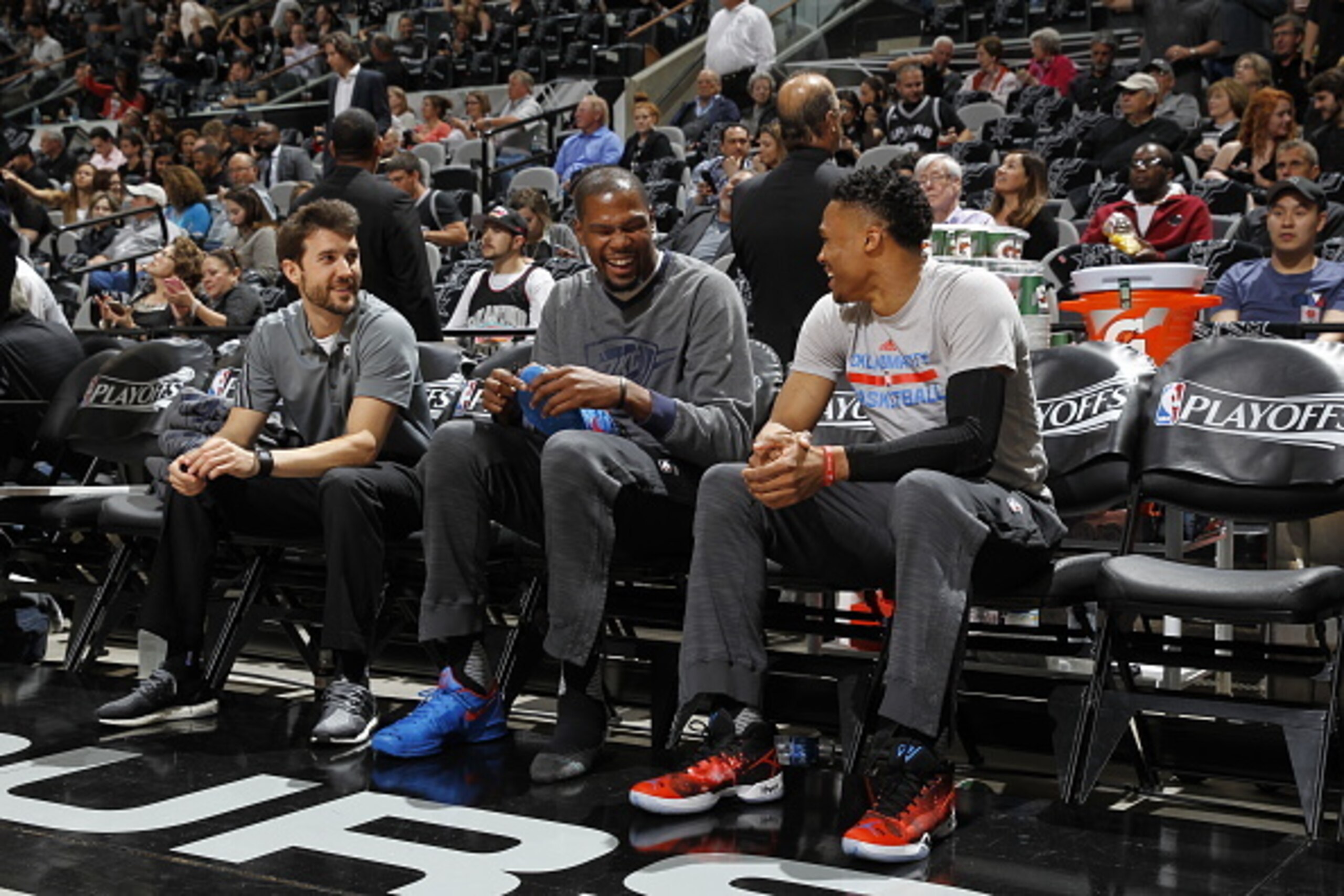 SAN ANTONIO, TX - MAY 2:  Kevin Durant #35 and Russell Westbrook #0 of the Oklahoma City Thunder prepare for Game Two of the Western Conference Semifinals against the San Antonio Spurs during the 2016 NBA Playoffs on May 2, 2016 at the AT&T Center in San 