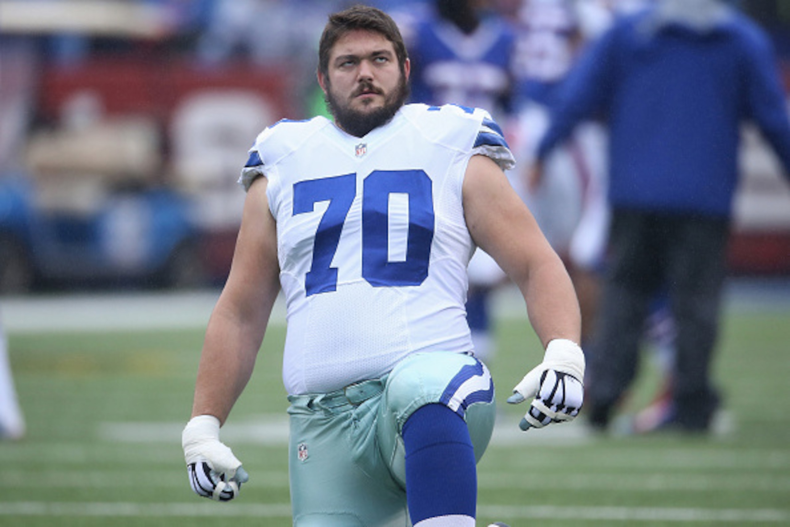 ORCHARD PARK, NY - DECEMBER 27: Zack Martin #70 of the Dallas Cowboys warms up before playing against the Buffalo Bills during NFL game action at Ralph Wilson Stadium on December 27, 2015 in Orchard Park, New York. (Photo by Tom Szczerbowski/Getty Images)
