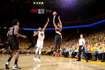 OAKLAND, CA - MAY 1: Allen Crabbe #23 of the Portland Trail Blazers shoots the ball during the game against the Golden State Warriors in Game One of the Western Conference Semifinals during the 2016 NBA Playoffs on May 1, 2016 at ORACLE Arena in Oakland,