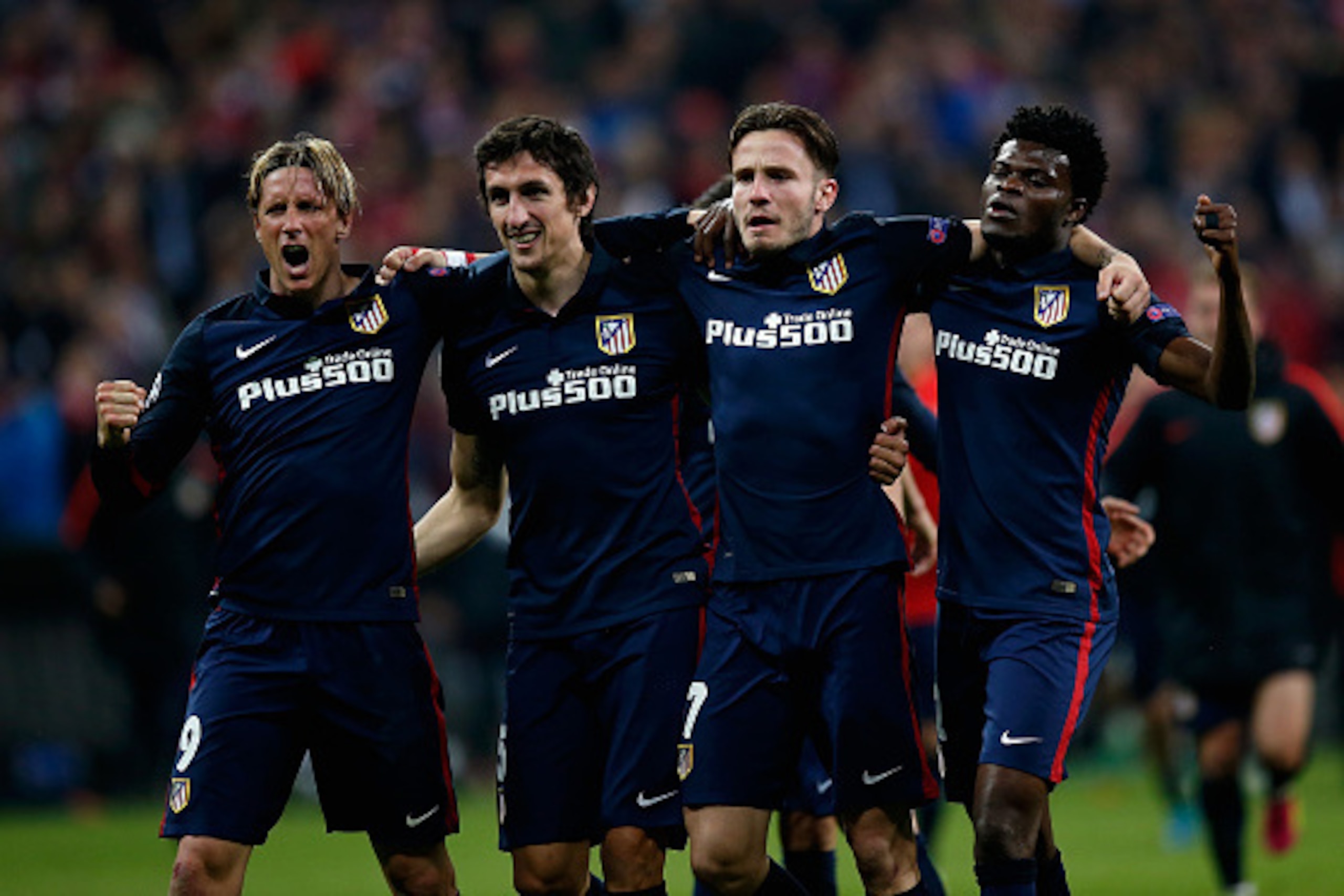 MUNICH, GERMANY - MAY 03: (L-R) Fernando Torres, Stefan Savic, Saul Niguez and Thomas Partey of Atletico Madrid celebrate after the UEFA Champions League semi final second leg match between FC Bayern Muenchen and Club Atletico de Madrid at Allianz Arena MUNICH, GERMANY - MAY 03: (L-R) Fernando Torres, Stefan Savic, Saul Niguez and Thomas Partey of Atletico Madrid celebrate after the UEFA Champions League semi final second leg match between FC Bayern Muenchen and Club Atletico de Madrid at Allianz Arena