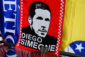 MADRID, SPAIN - APRIL 27:  An image of Diego Simeone head coach of Atletico Madrid is seen on a scarf prior to the UEFA Champions League semi final first leg match between Club Atletico de Madrid and FC Bayern Muenchen at Vincente Calderon on April 27, 20