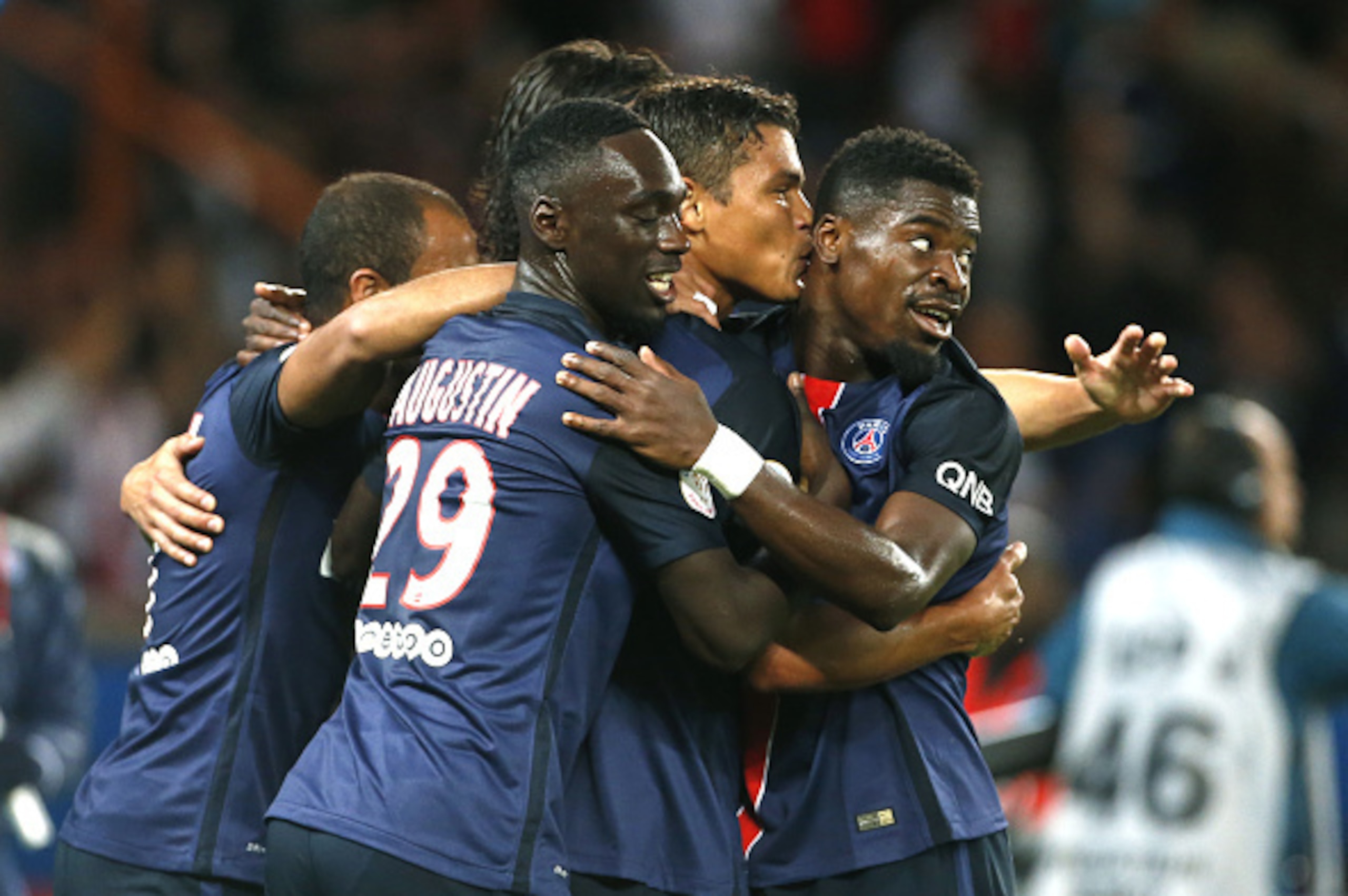 PARIS - AUGUST 16: Thiago Silva of PSG celebrates scoring a goal with Serge Aurier of PSG during the French Ligue 1 match between Paris Saint-Germain FC (PSG) and GFC Ajaccio (Gazelec Ajaccio) at Parc des Princes stadium on August 16, 2015 in Paris, Franc