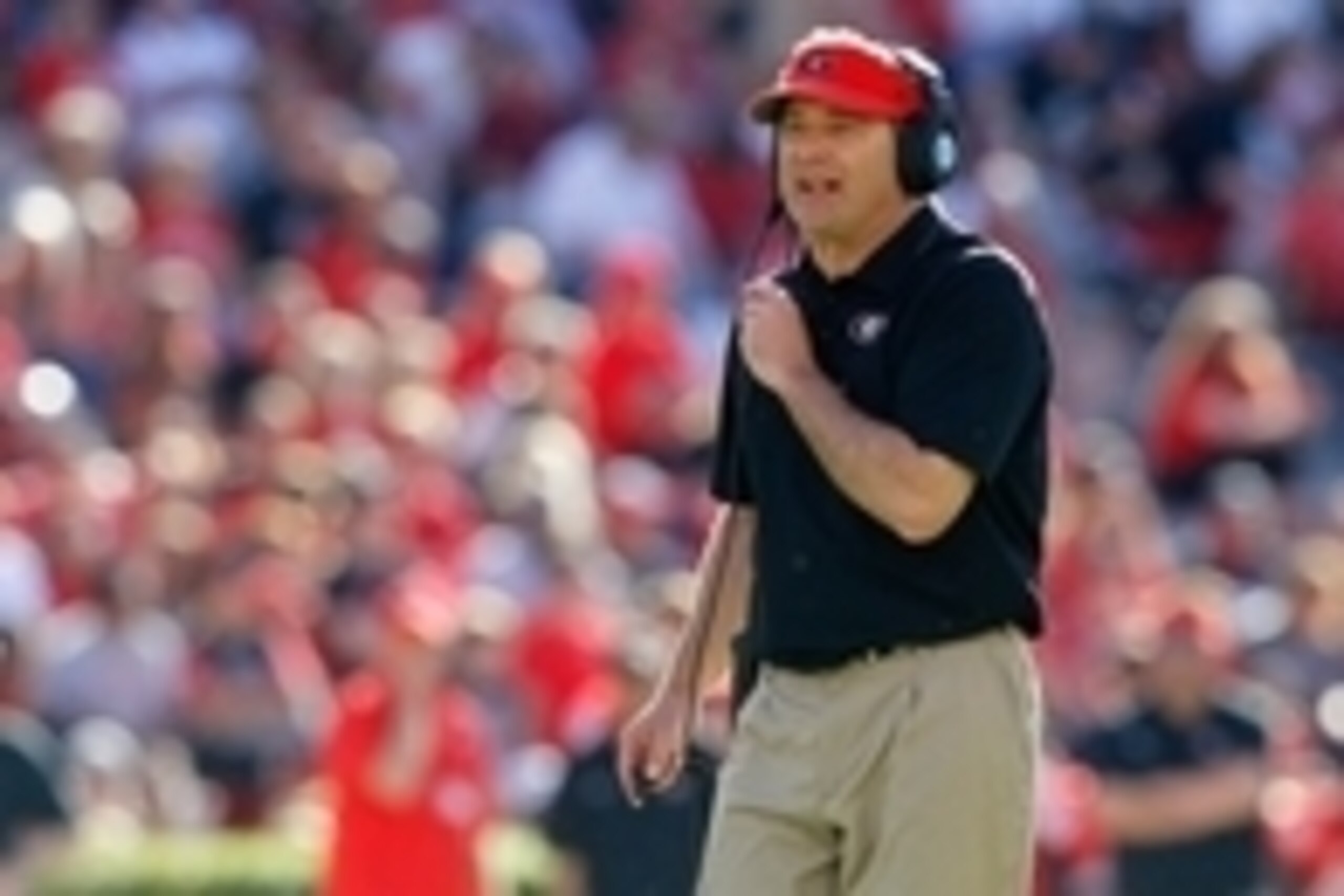 Apr 16, 2016; Athens, GA, USA; Georgia Bulldogs head coach Kirby Smart coaches during the second half of the spring game at Sanford Stadium. The Black team defeated the Red team 34-14. Mandatory Credit: Brett Davis-USA TODAY Sports