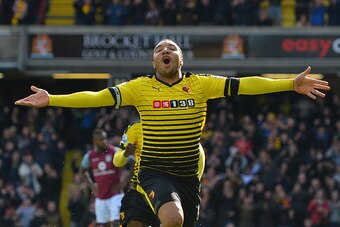 Watford's English striker Troy Deeney celebrates after scoring his second goal during the English Premier League football match between Watford and Aston Villa at Vicarage Road Stadium in Watford, north of London on April 30, 2016. / AFP / GLYN KIRK / RES