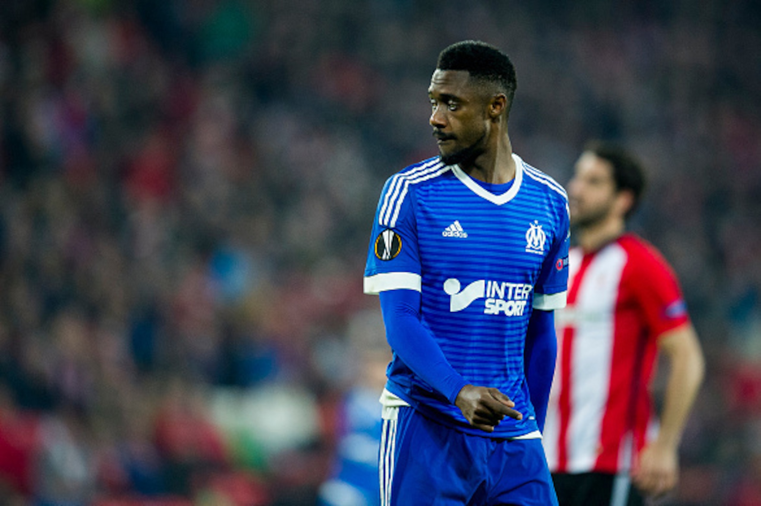 BILBAO, SPAIN - FEBRUARY 25: Nicolas Nkoulou reacts during the UEFA Europa League Round of 32: Second Leg match between Athletic Club and Marseille at San Mames Stadium on February 25, 2016 in Bilbao, Spain.  (Photo by Juan Manuel Serrano Arce/Getty Image