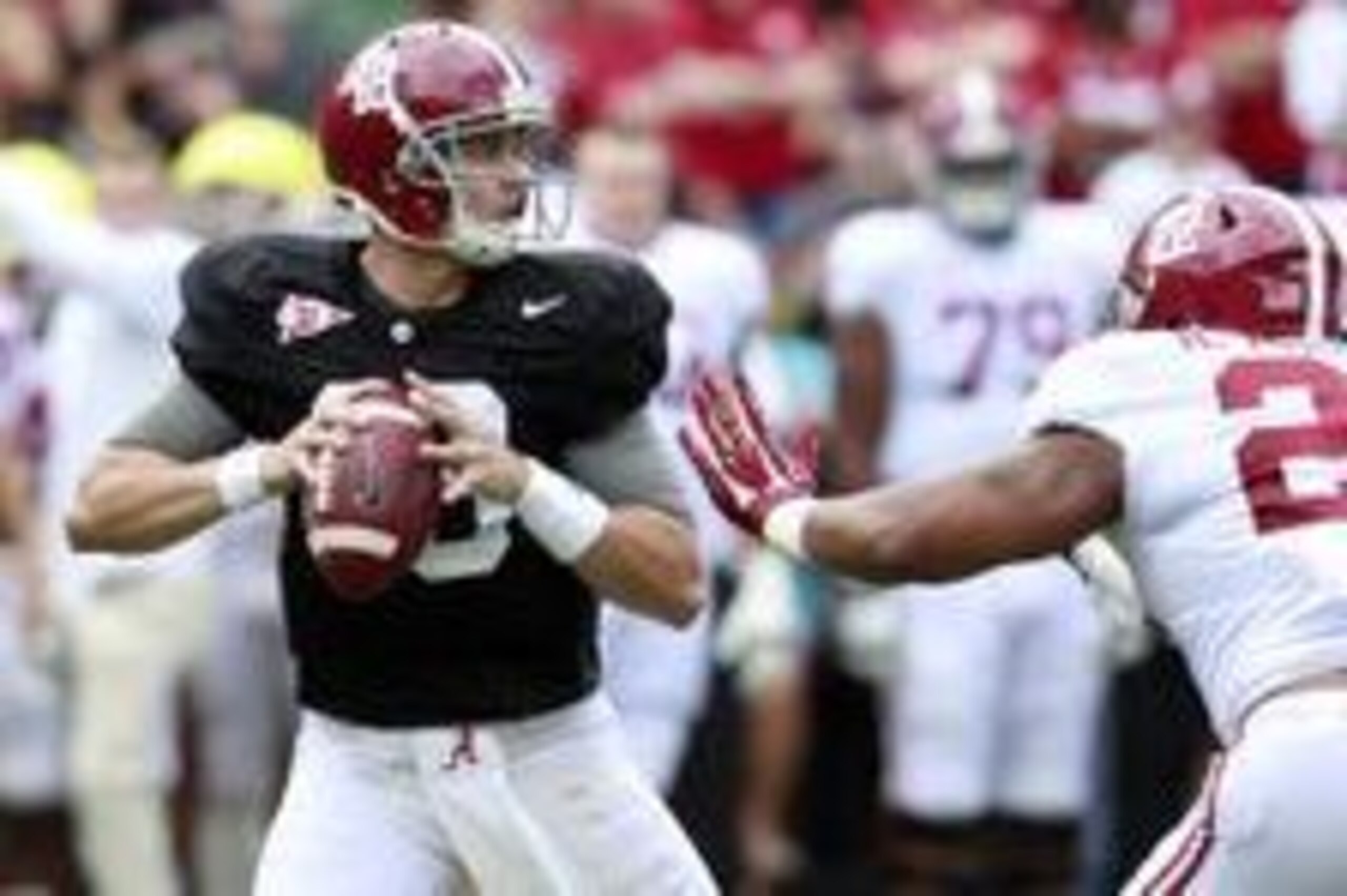 Apr 16, 2016; Tuscaloosa, AL, USA; Alabama Crimson Tide linebacker Ryan Anderson (22) puts the pressure on Alabama Crimson Tide quarterback Cooper Bateman (18) at Bryant-Denny Stadium. Mandatory Credit: Marvin Gentry-USA TODAY Sports