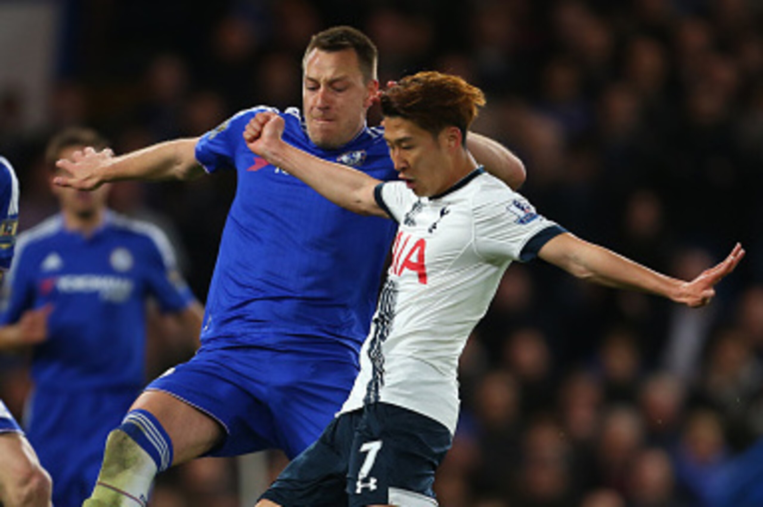 LONDON, ENGLAND - MAY 02 :  Son Heung-Min of Tottenham Hotspur shoots past John Terry of Chelsea during the Barclays Premier League match between Chelsea and Tottenham Hotspur at Stamford Bridge on May 2, 2016 in London, England.  (Photo by Catherine Ivil