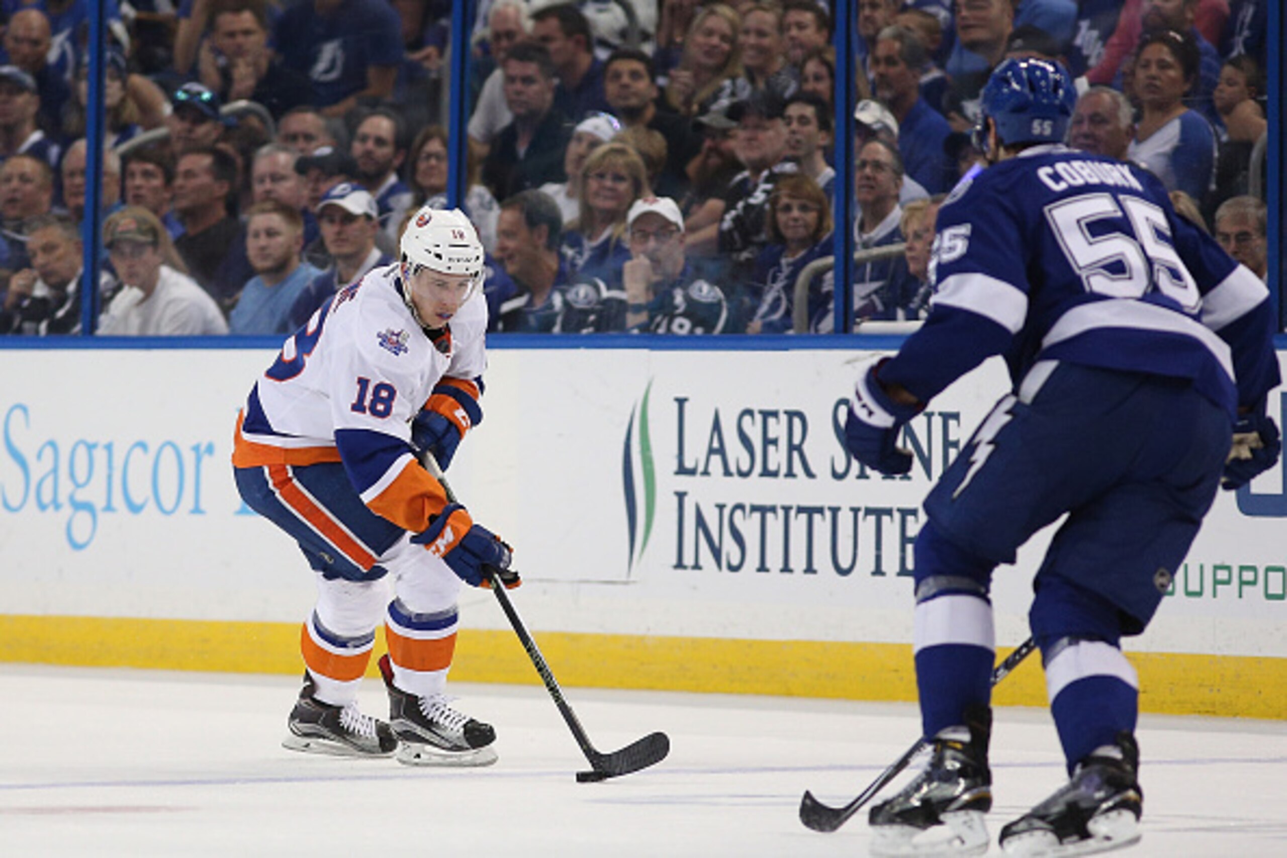 TAMPA, FL - APRIL 30:  Ryan Strome #18 of the New York Islanders skates with the puck in Game Two of the Eastern Conference Second Round during the 2016 NHL Stanley Cup Playoffs at Amalie Arena on April 30, 2016 in Tampa, Florida. (Photo by Scott Iskowitz