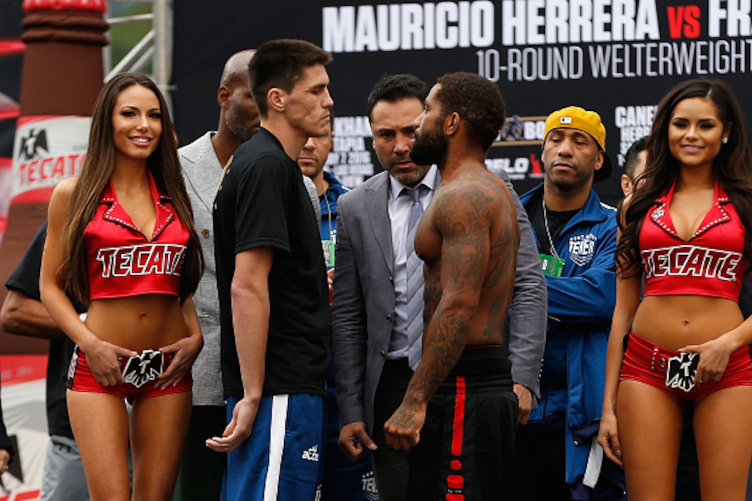 LAS VEGAS, NEVADA - MAY 06:  (L-R) Patrick Teixeira and Curtis Stevens face off during their official weigh-in at T-Mobile Arena - Toshiba Plaza on May 6, 2016 in Las Vegas, Nevada. The two will meet in a middleweight fight on May 7 in Las Vegas.  (Photo 