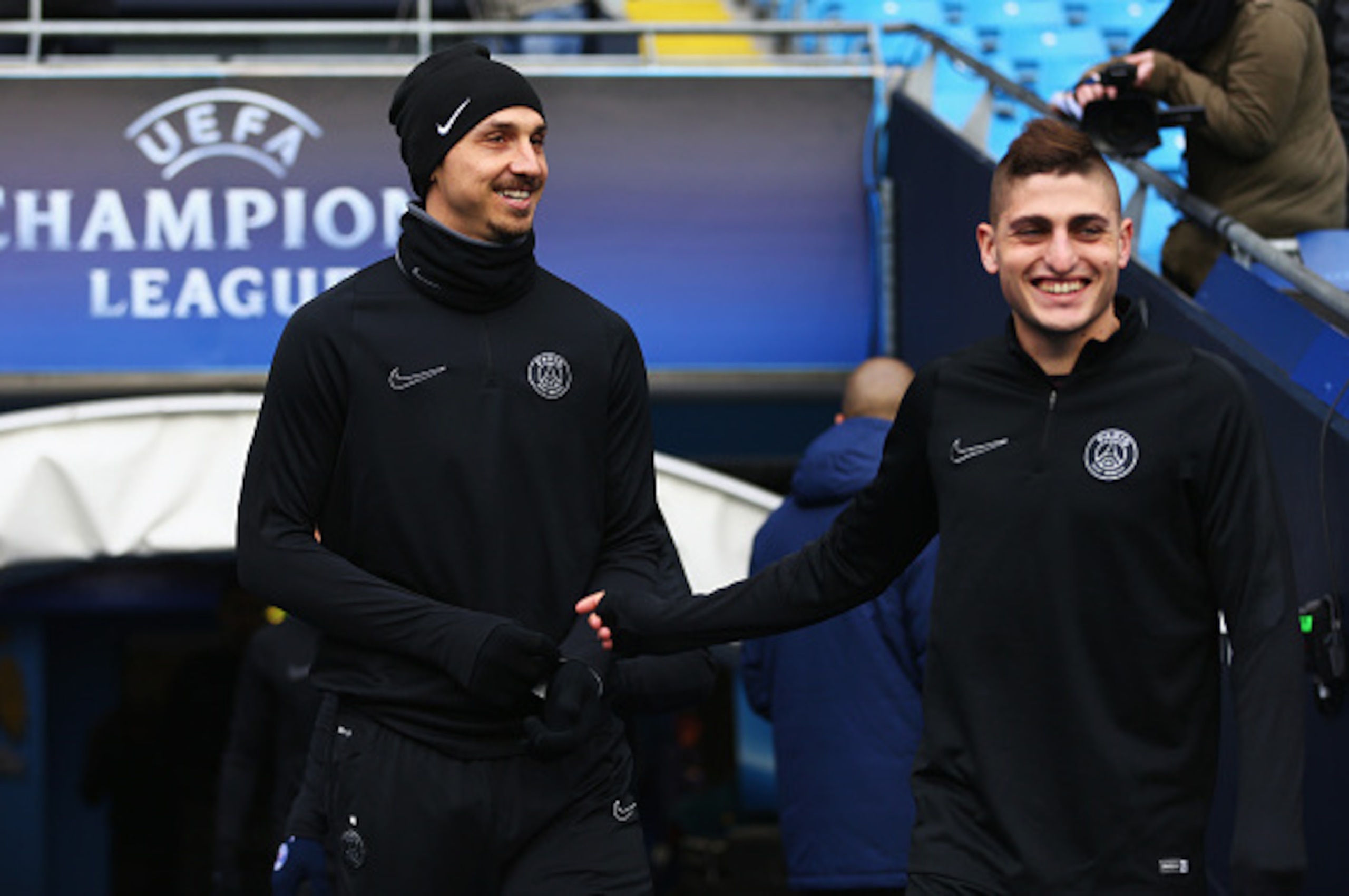 MANCHESTER, ENGLAND - APRIL 11:  Zlatan Ibrahimovic and Marco Verratti of Paris Saint-Germain walk out for a training session ahead of the UEFA Champions League Quarter Final Second Leg match against Manchester City at Etihad Stadium on April 11, 2016 in 