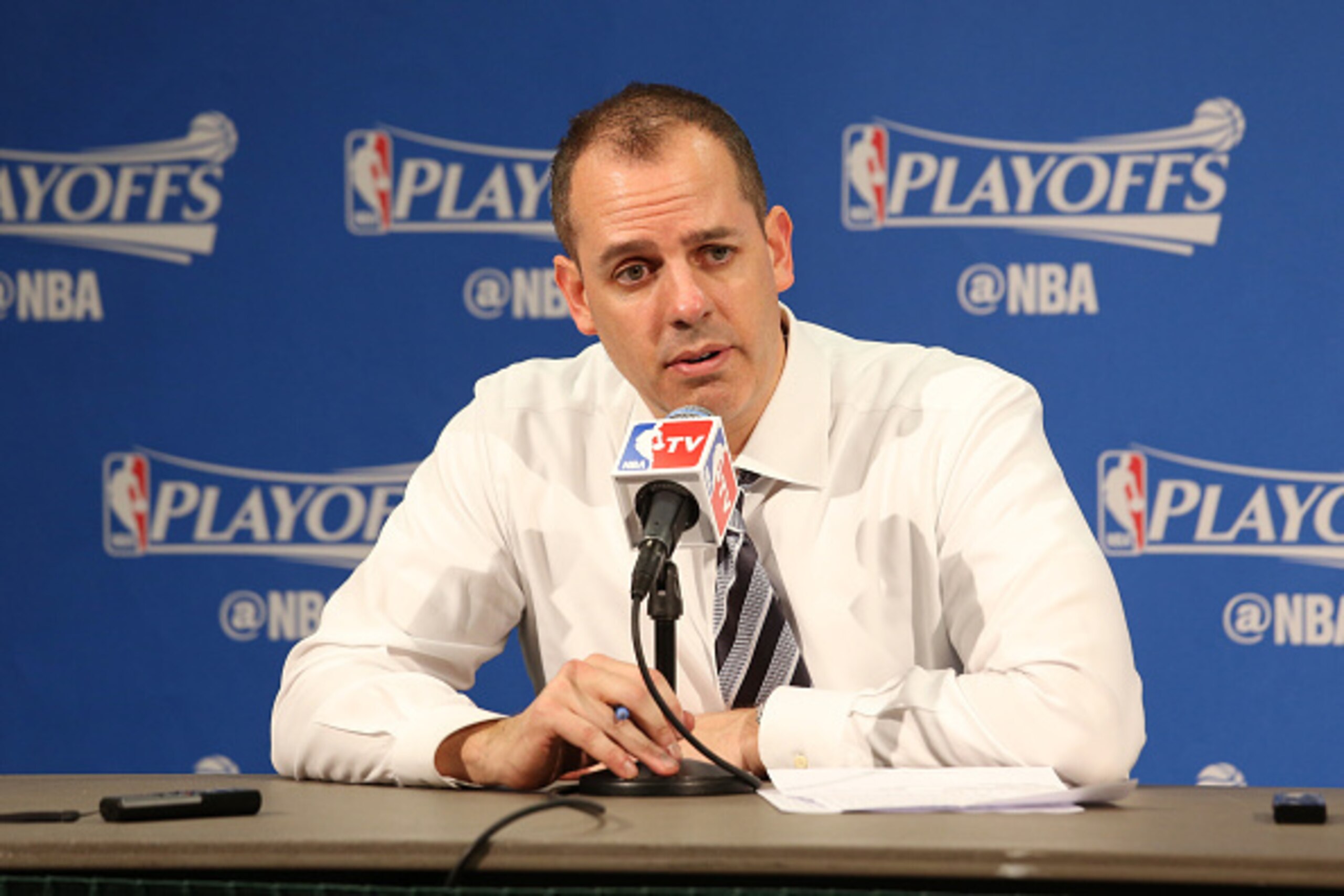 INDIANAPOLIS, IN - APRIL 23:  Frank Vogel of the Indiana Pacers talks to media during a press conference after Game Four of the Eastern Conference Quarterfinals against the Toronto Raptors during the 2016 NBA Playoffs on April 23, 2016 at Bankers Life Fie