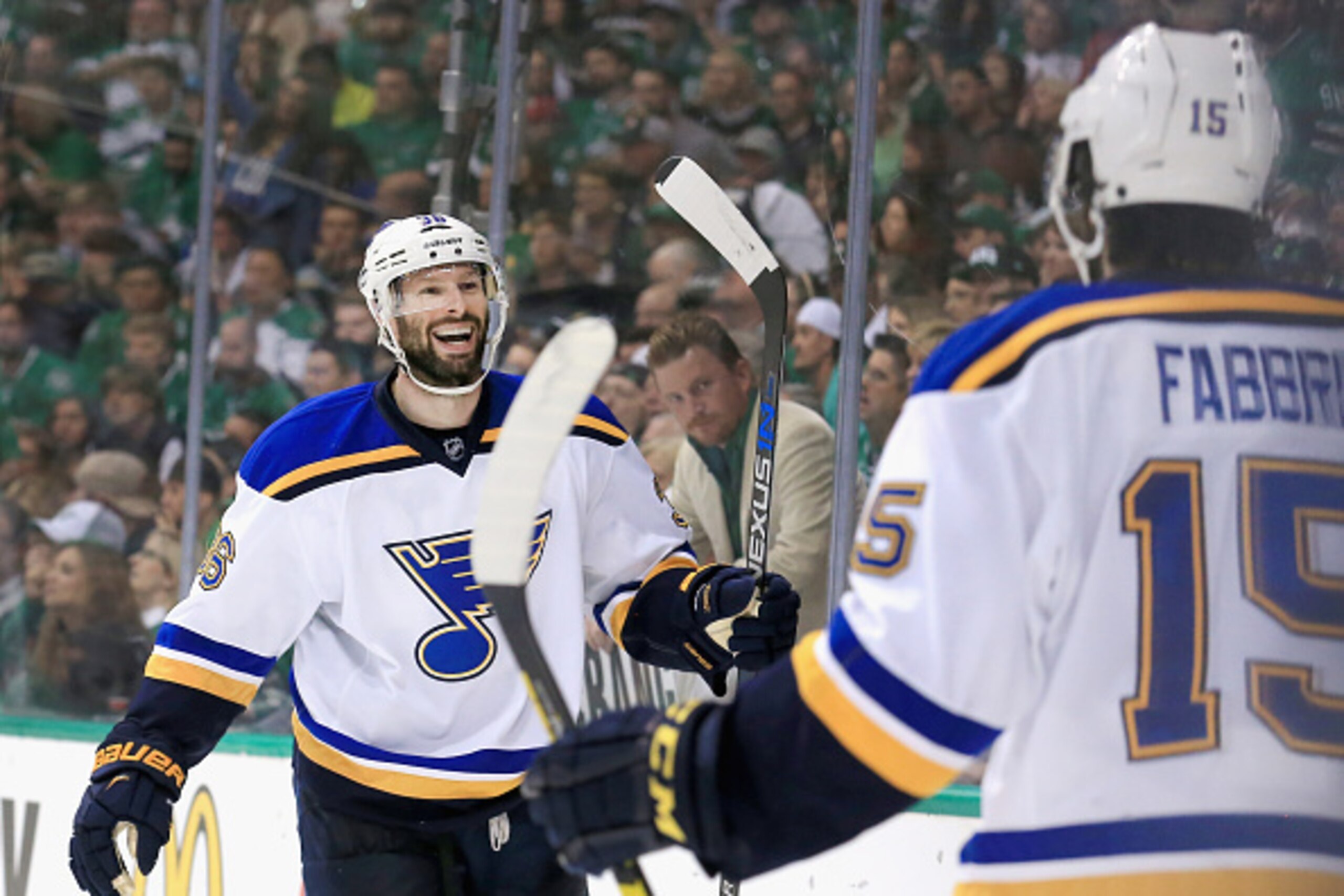 DALLAS, TX - MAY 07:  Troy Brouwer #36 of the St. Louis Blues celebrates with Robby Fabbri #15 of the St. Louis Blues after scoring a goal against Kari Lehtonen #32 of the Dallas Stars in the second period in Game Five of the Western Conference Second Rou