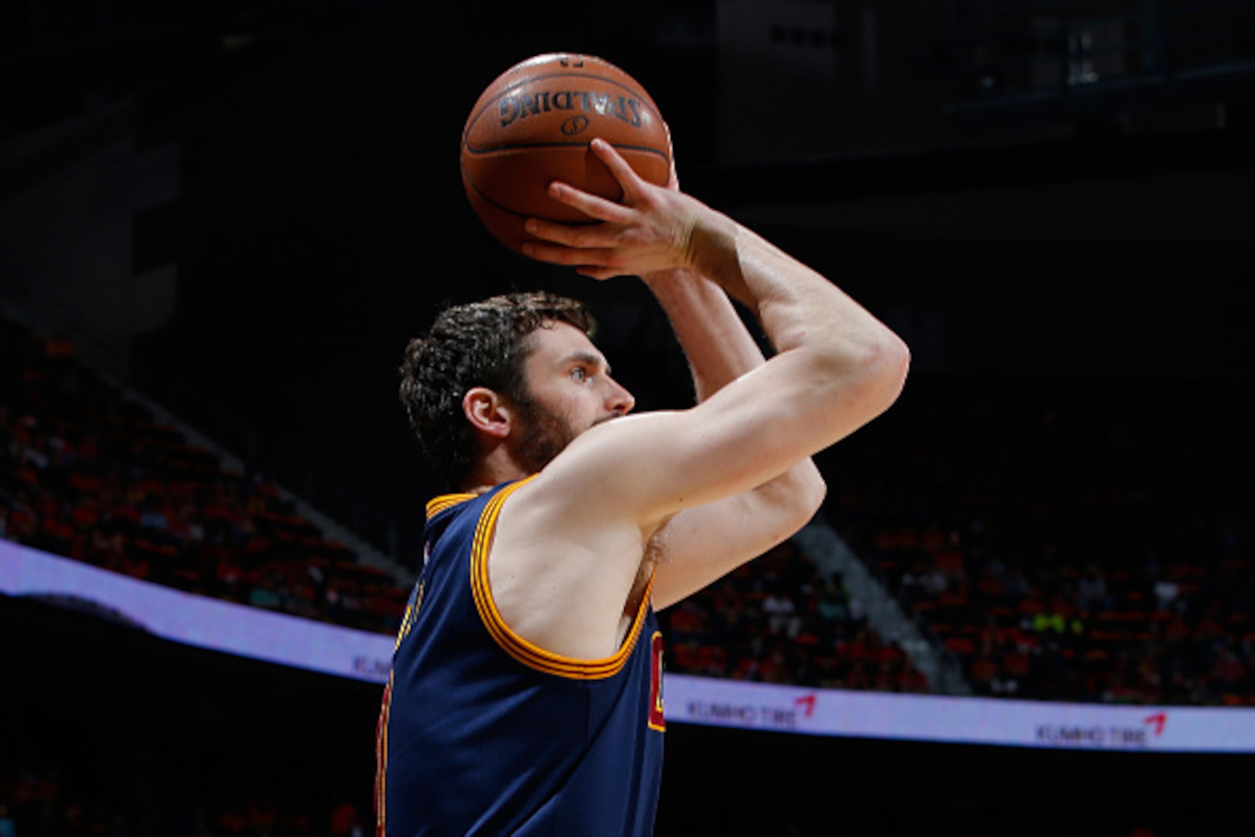 ATLANTA, GA - MAY 06:  Kevin Love #0 of the Cleveland Cavaliers shoots a three-point basket against the Atlanta Hawks in Game Three of the Eastern Conference Semifinals during the 2016 NBA Playoffs at Philips Arena on May 6, 2016 in Atlanta, Georgia.  NOT