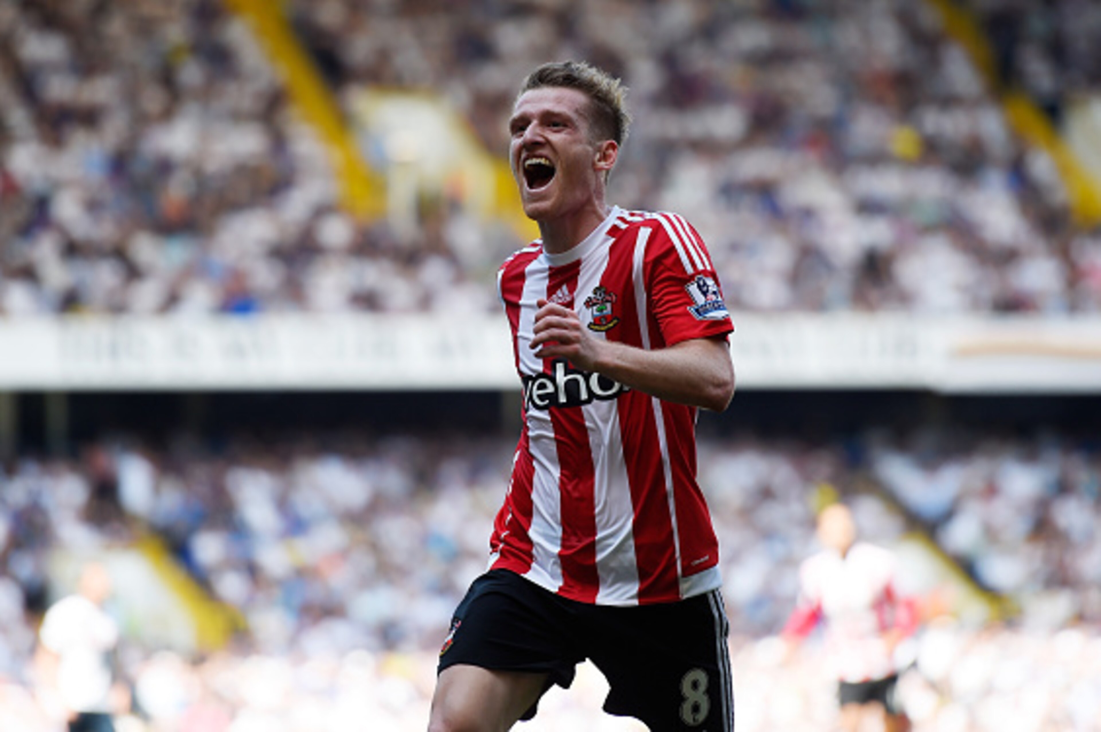 LONDON, ENGLAND - MAY 08:  Steven Davis of Southampton celebrates after scoring his second goal during the Barclays Premier League match between Tottenham Hotspur and Southampton at White Hart Lane on May 8, 2016 in London, England.  (Photo by Mike Hewitt