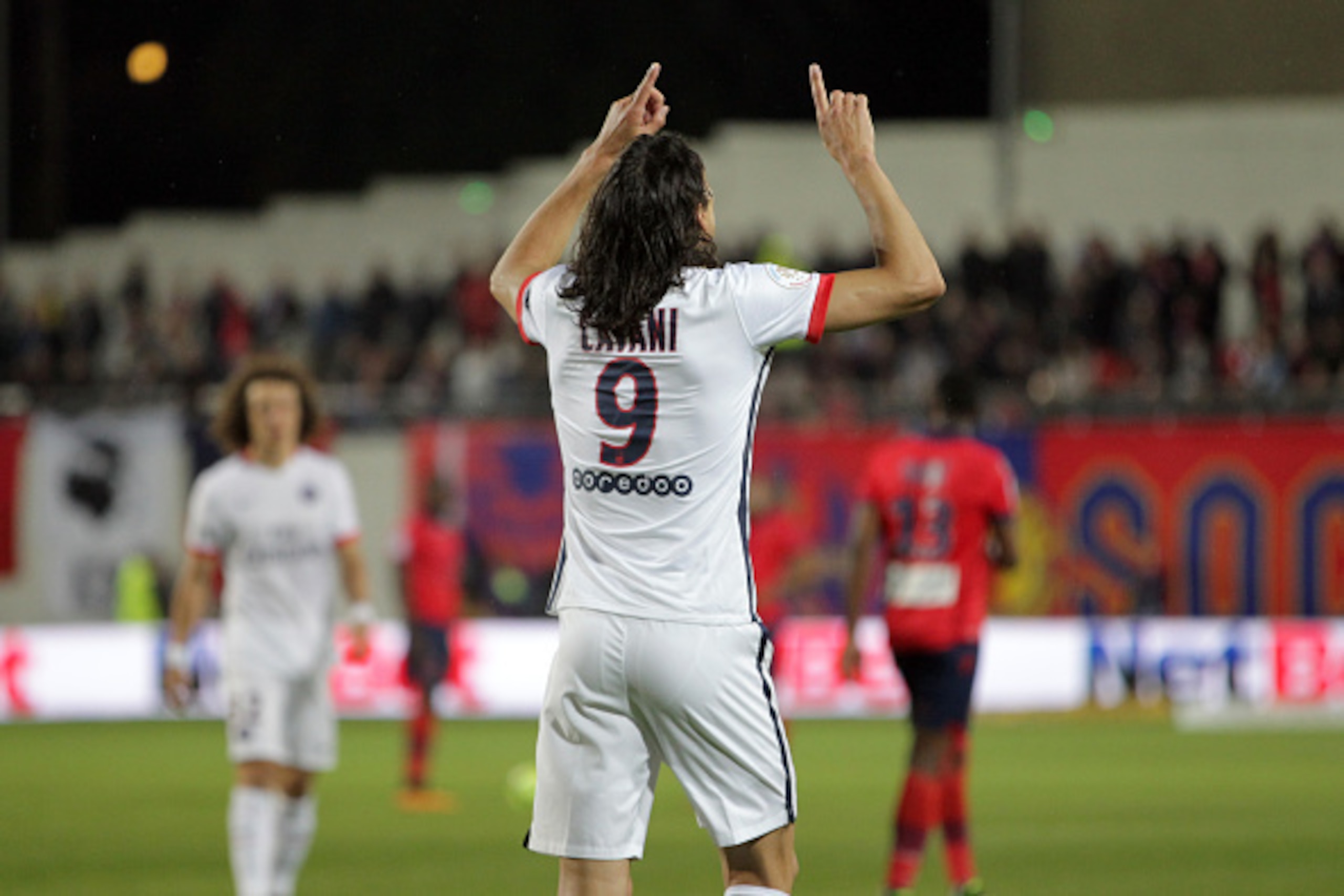 Paris Saint-Germain's Uruguayan forward Edinson Cavani celebrates after scoring a goal during the L1 football match Gazelec Ajaccio (GFCA) against Paris Saint Germain (PSG) on May 7, 2016, at the Ange Casanova stadium in Ajaccio, on the French Mediterrane