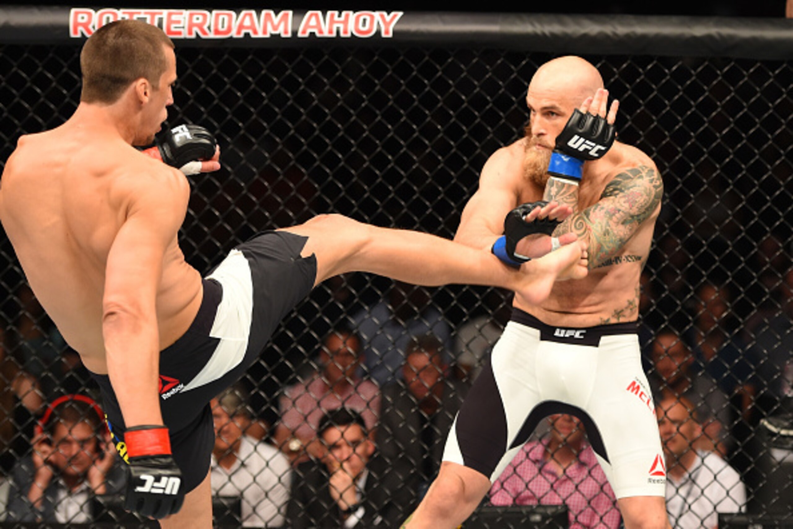 ROTTERDAM, NETHERLANDS - MAY 08:  (L-R) Magnus Cedenblad kicks Garreth McLellan in their middleweight bout during the UFC Fight Night event at Ahoy Rotterdam on May 8, 2016 in Rotterdam, Netherlands. (Photo by Josh Hedges/Zuffa LLC/Zuffa LLC via Getty Ima