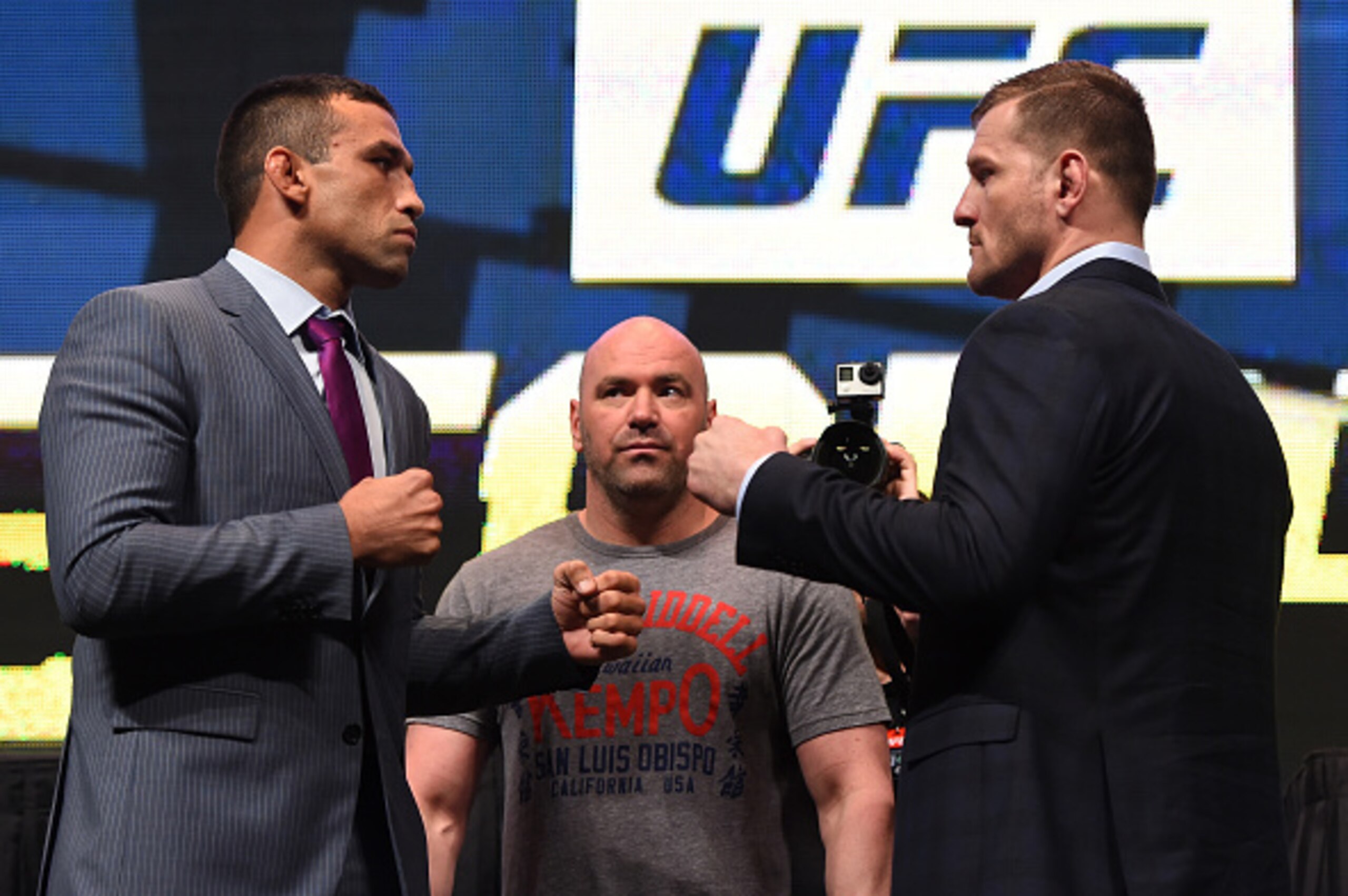 LAS VEGAS, NV - MARCH 04:  (L-R) Opponents Fabricio Werdum and Stipe Miocic face off during the UFC Unstoppable launch press conference at the MGM Grand Garden Arena on March 4, 2016 in Las Vegas, Nevada. (Photo by Josh Hedges/Zuffa LLC/Zuffa LLC via Gett