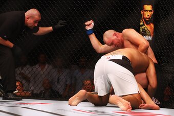 ROTTERDAM, NETHERLANDS - MAY 08:  Stefan Struve of the Netherlands lands a blow on his way to victory over Antonio 'Bigfoot' Silva of Brazil in their Heavyweight bout during the UFC Fight Night 87 at Ahoy on May 8, 2016 in Rotterdam, Netherlands.  (Photo 