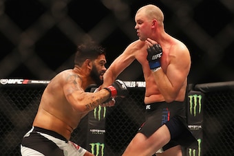 ROTTERDAM, NETHERLANDS - MAY 08:  Stefan Struve of the Netherlands lands a blow on his way to victory over Antonio 'Bigfoot' Silva of Brazil in their Heavyweight bout during the UFC Fight Night 87 at Ahoy on May 8, 2016 in Rotterdam, Netherlands.  (Photo 