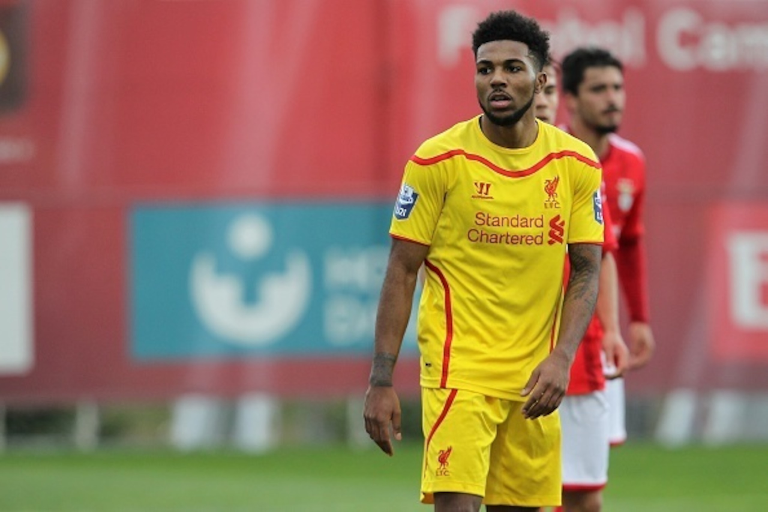 SEIXAL, PORTUGAL - FEBRUARY 24: Liverpool's foward Jerome Sinclair  in action during the UEFA Youth League match between SL Benfica and Liverpool FC on February 24, 2015 in Seixal, Portugal.  (Photo by Carlos Rodrigues/Getty Images for UEFA)
