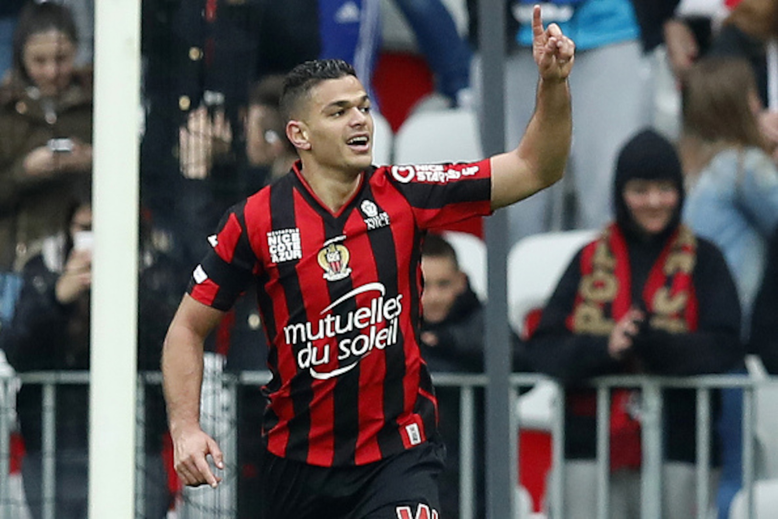 Nice's French forward Hatem Ben Arfa celebrates after scoring a goal during the French L1 football match between Nice and Gazelec Ajaccio at the Allianz Riviera stadium in Nice, southeastern France, on March 20, 2016.   AFP PHOTO / VALERY HACHE / AFP / VA