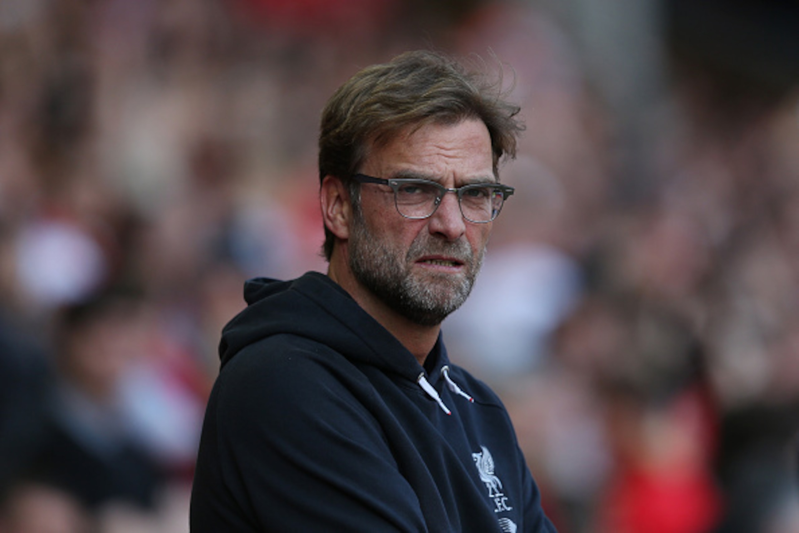 LIVERPOOL, ENGLAND - MAY 08:  Jurgen Klopp, Manager of Liverpool looks on during the Barclays Premier League match between Liverpool and Watford at Anfield on May 8, 2016 in Liverpool, England.  (Photo by Jan Kruger/Getty Images)