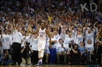May 8, 2016; Oklahoma City, OK, USA; Oklahoma City Thunder forward Kevin Durant (35) reacts after a play against the San Antonio Spurs during the fourth quarter in game four of the second round of the NBA Playoffs at Chesapeake Energy Arena. Mandatory Cre