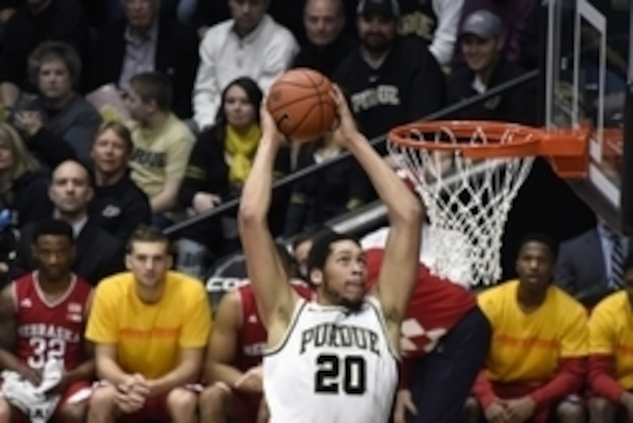 Jan 30, 2016; West Lafayette, IN, USA; Purdue Boilermakers center A.J. Hammons (20) goes for a dunk in the first half against the Nebraska Cornhuskers at Mackey Arena. Mandatory Credit: Sandra Dukes-USA TODAY Sports Jan 30, 2016; West Lafayette, IN, USA; Purdue Boilermakers center A.J. Hammons (20) goes for a dunk in the first half against the Nebraska Cornhuskers at Mackey Arena. Mandatory Credit: Sandra Dukes-USA TODAY Sports